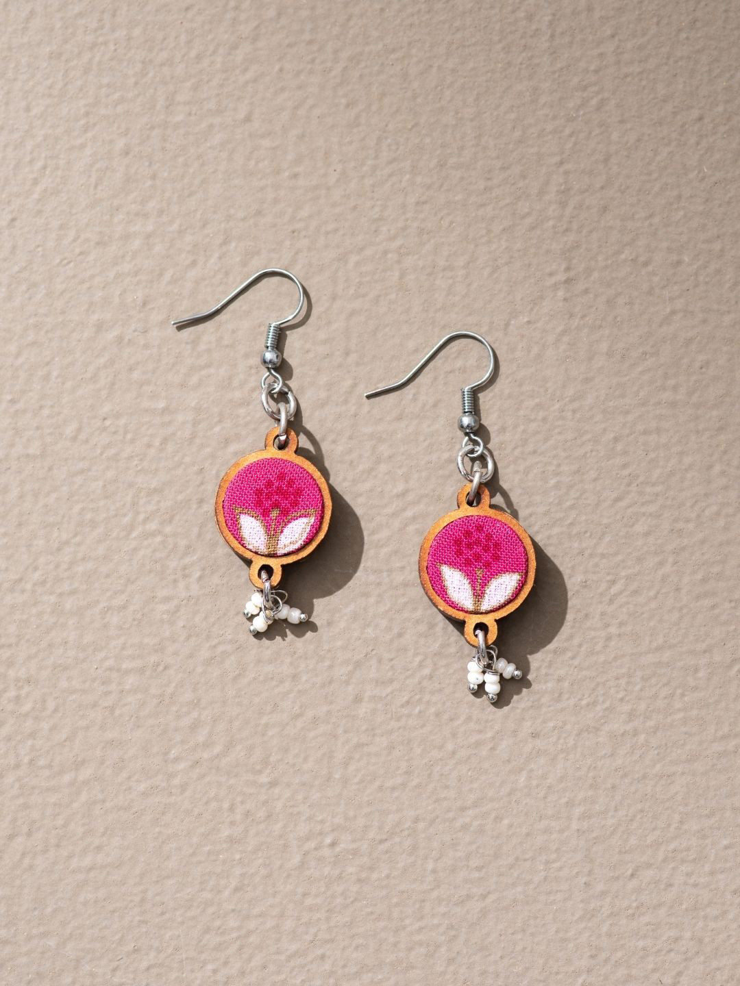 WHE Artificial Beaded Upcycled Fabric And Repurposed Wood Circular Shaped Drop Earrings