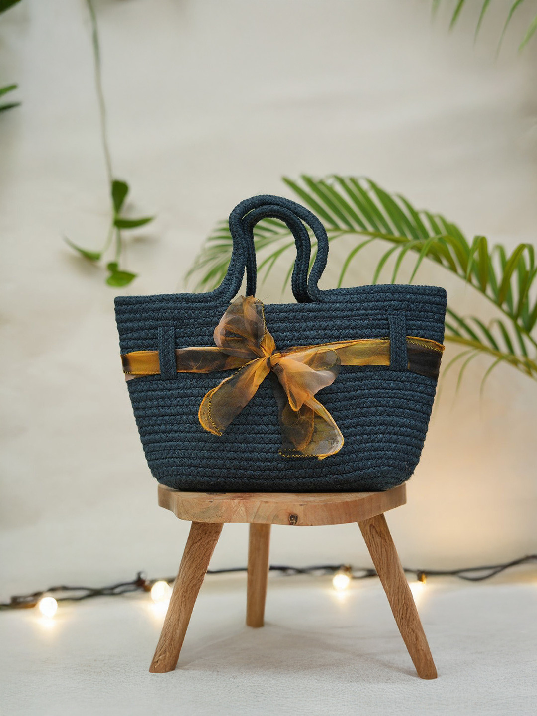 Ariya Women Navy Blue Cotton Blend Handbag with Ribbon