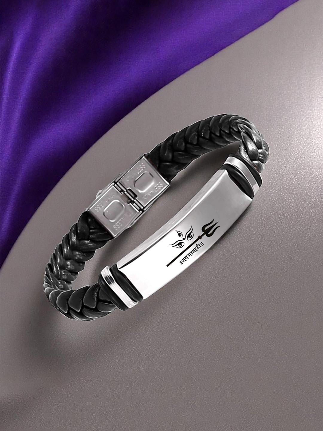 M Men Style Jai Mata Di Printed Stainless Steel & Braided Leather Wraparound Bracelet