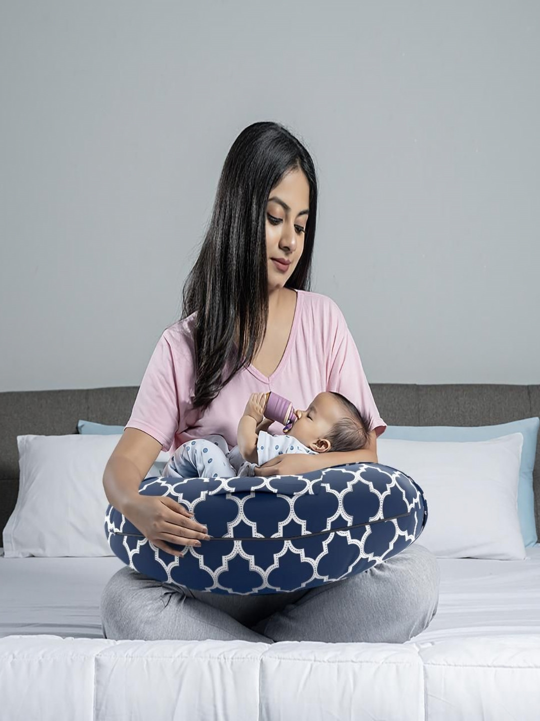 wakefit Blue 5-in-1 Nursing Fibre Filling Cotton Baby Pillow