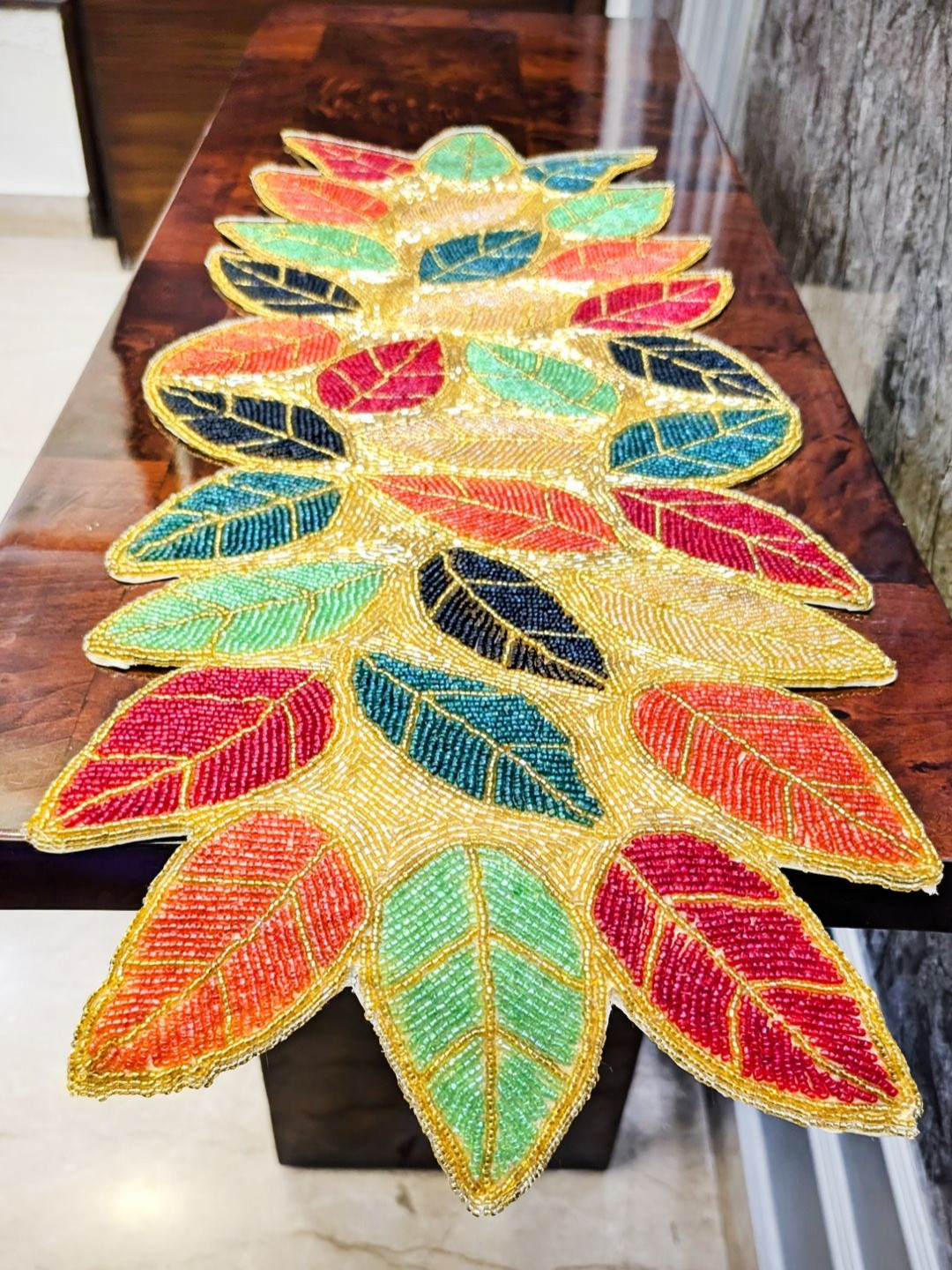 Good Vibes Red & Blue Beaded Table Runner
