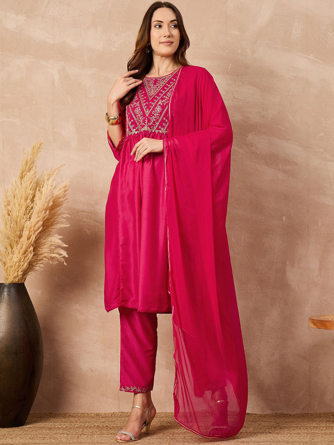 all about you Floral Embroidered Round Neck Chinon A-Line Kurta With Trousers & Dupatta