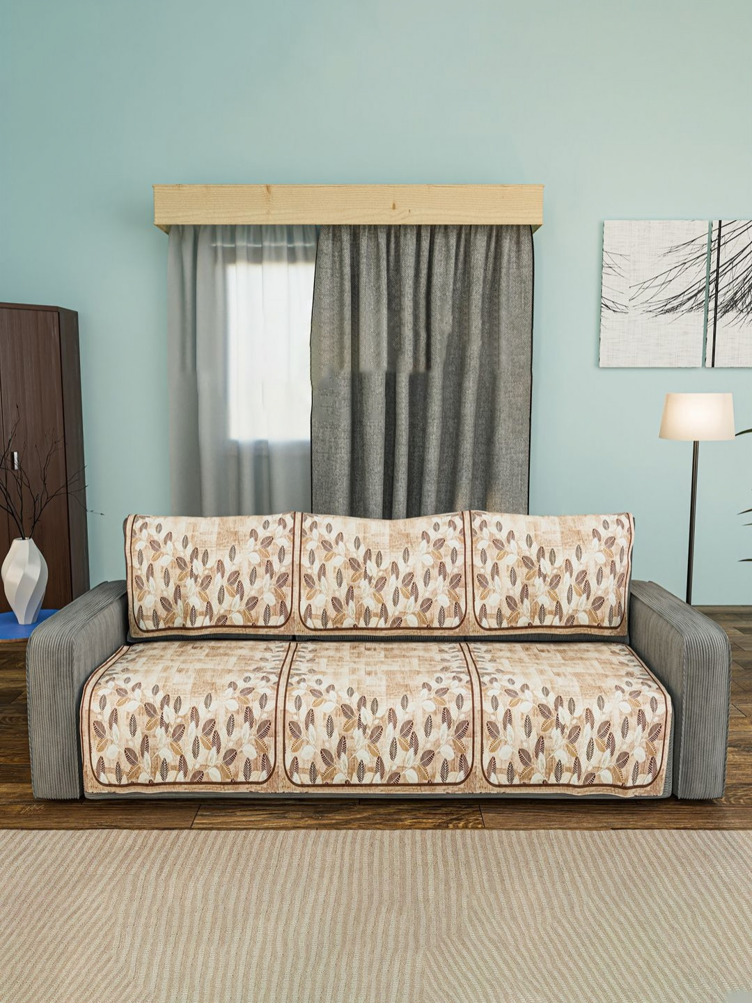 Aura 6 Pcs Brown & White Soft Velvet 3 Seater Sofa Cover for Anti-Slip Sofa Seat Protector