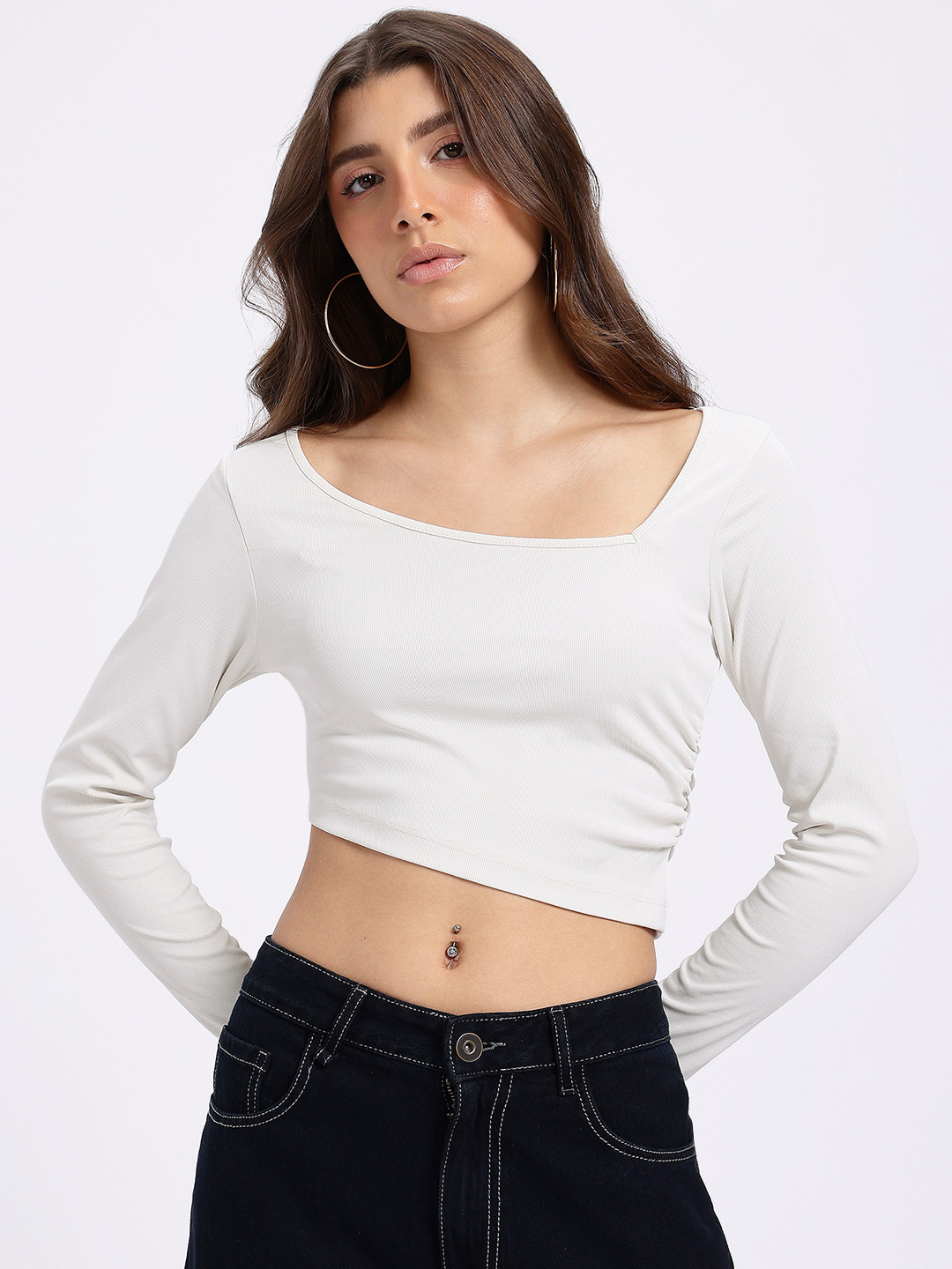 Dramatic Ribbed Ruched Detail Crop Asymmetric Hem Top