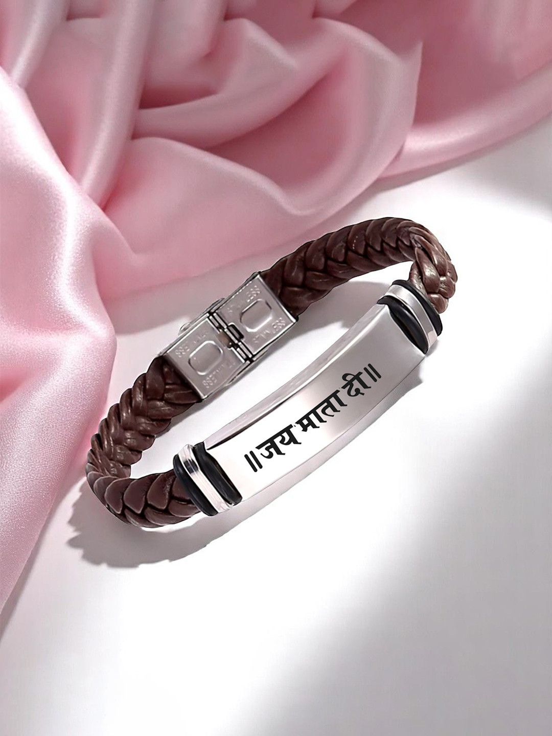 M Men Style Jai Mata Di Printed Stainless Steel & Braided Leather Wraparound Bracelet