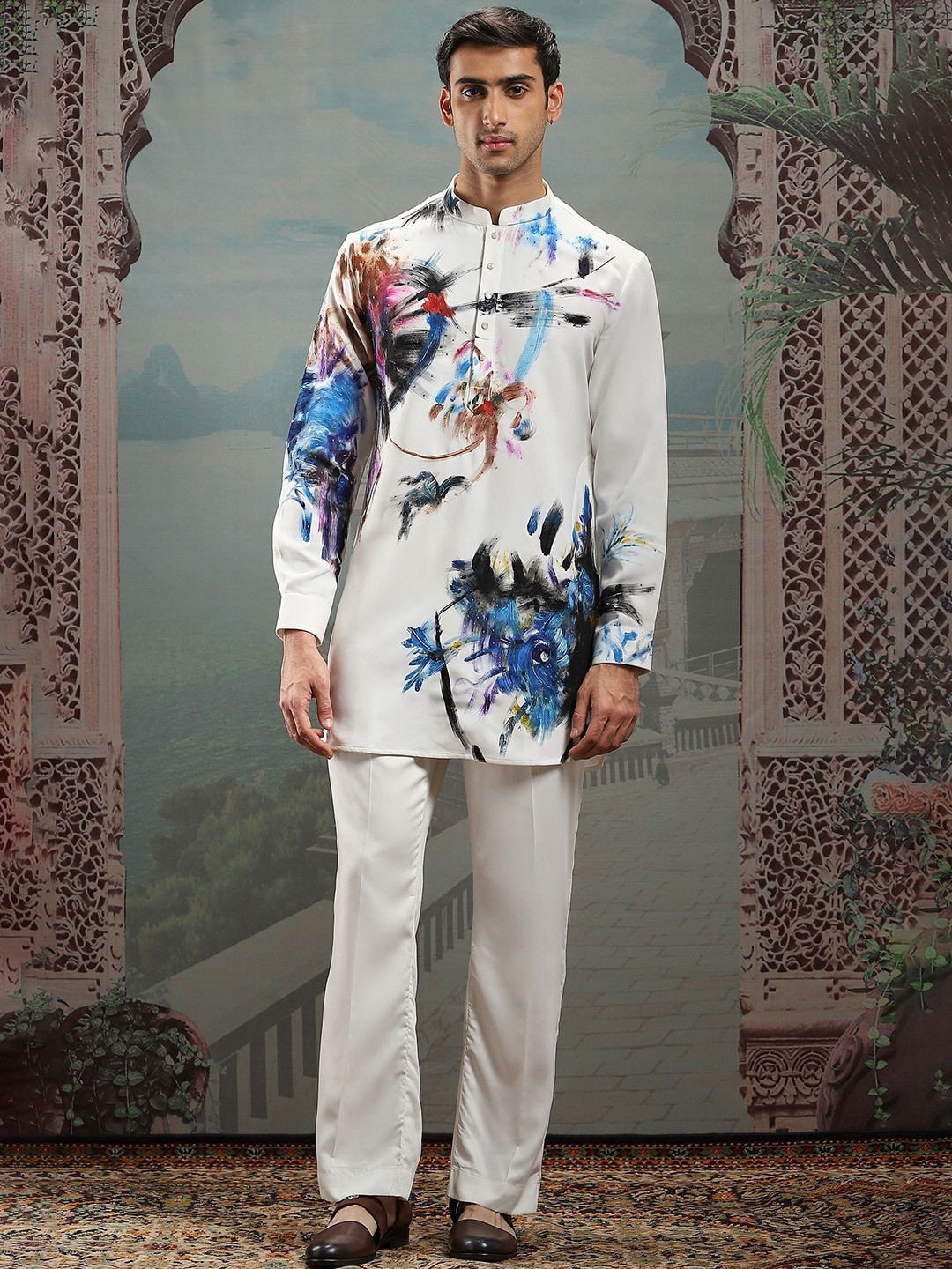 ASUKA Iridescent Muse Abstract Printed Beaded Chanderi Silk Straight Kurta With Trouser