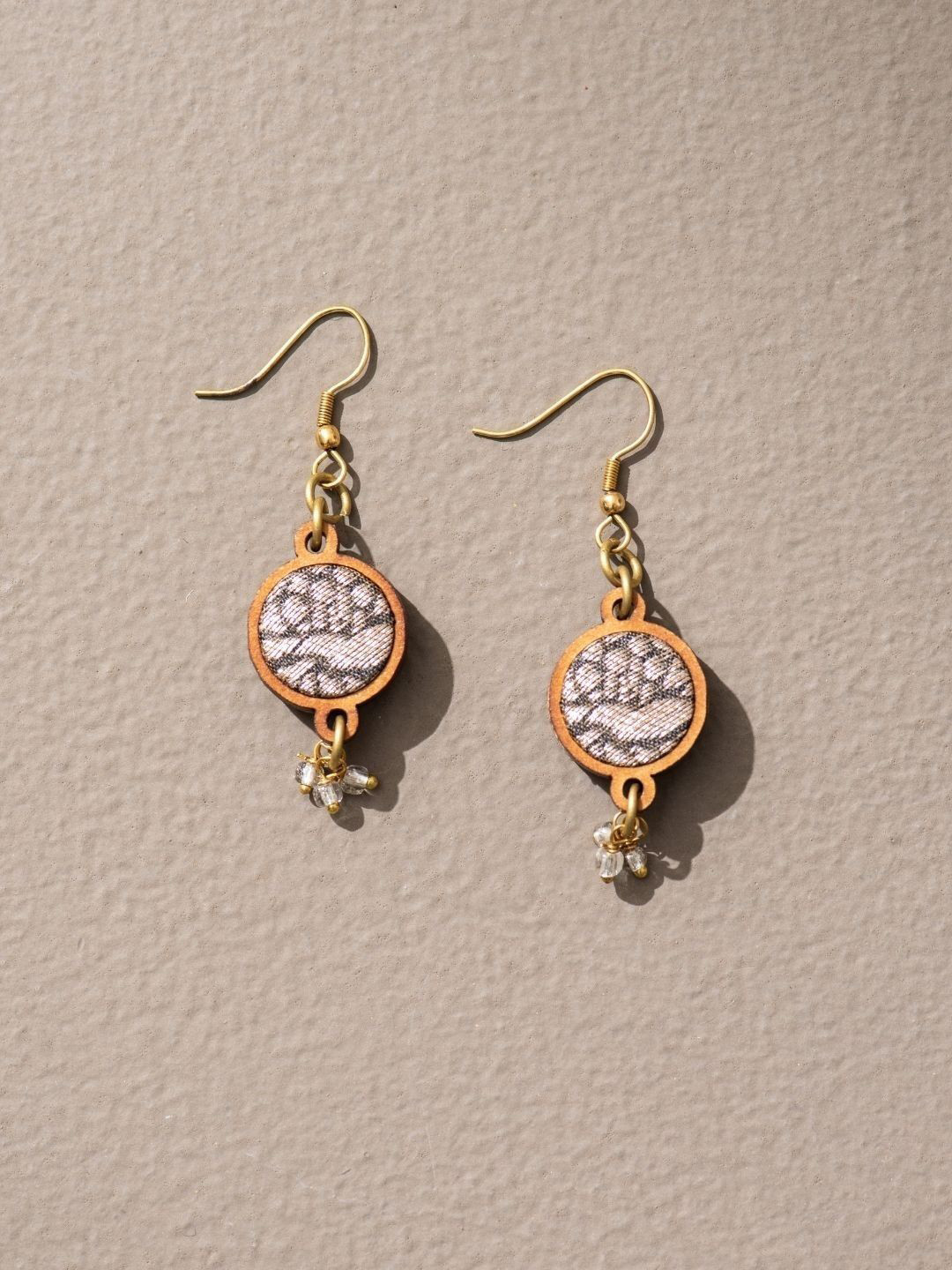 WHE Artificial Beaded Upcycled Fabric And Repurposed Wood Circular Shaped Drop Earrings