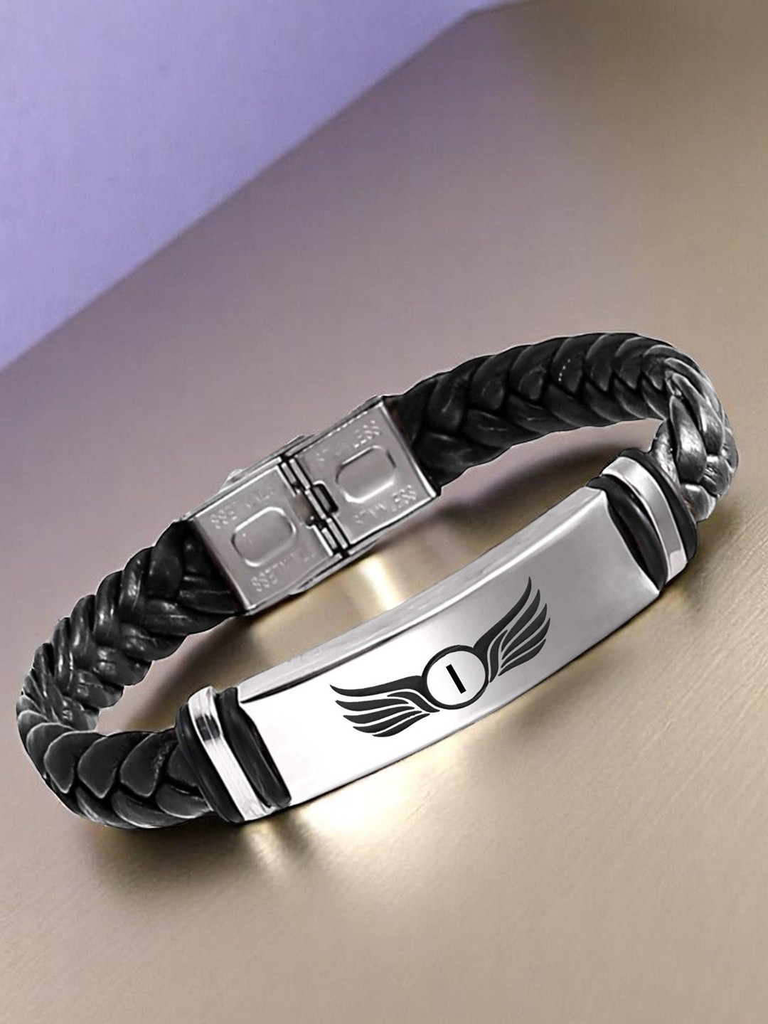 M Men Style I Letter Printed Stainless Steel & Braided Leather Wraparound Bracelet