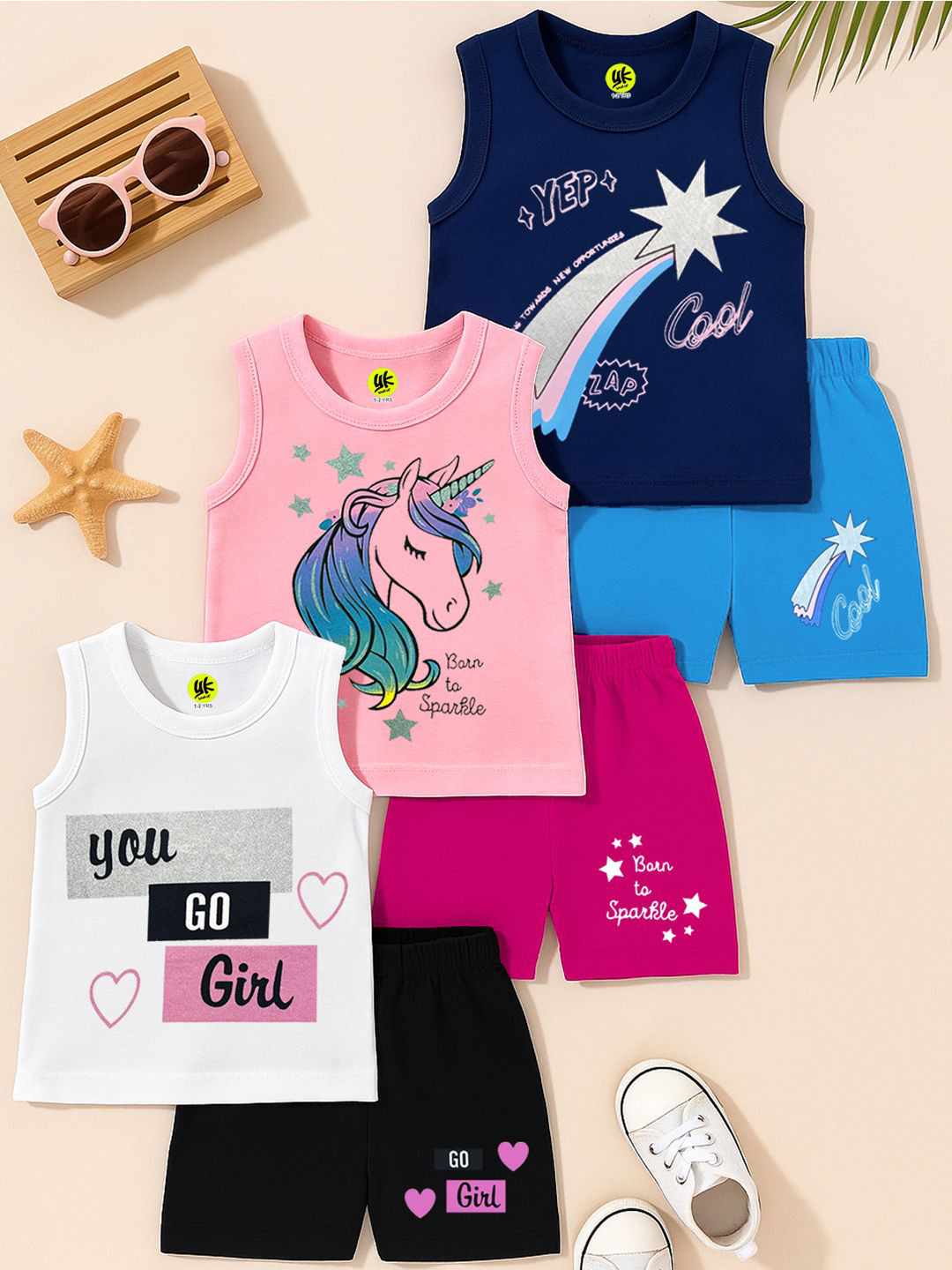 YK Girls Selection Of 3 Printed T-shirt With Shorts
