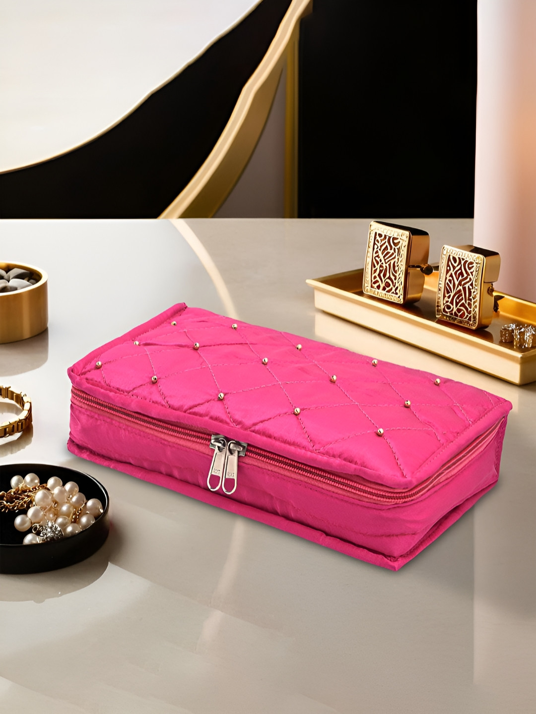 Aura Pink Satin Large Jewellery Kit with 6 Pouche Jewellery Organiser