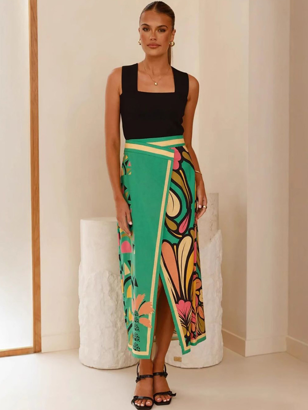 JC Mode Floral Printed Warp Straight Midi Skirt