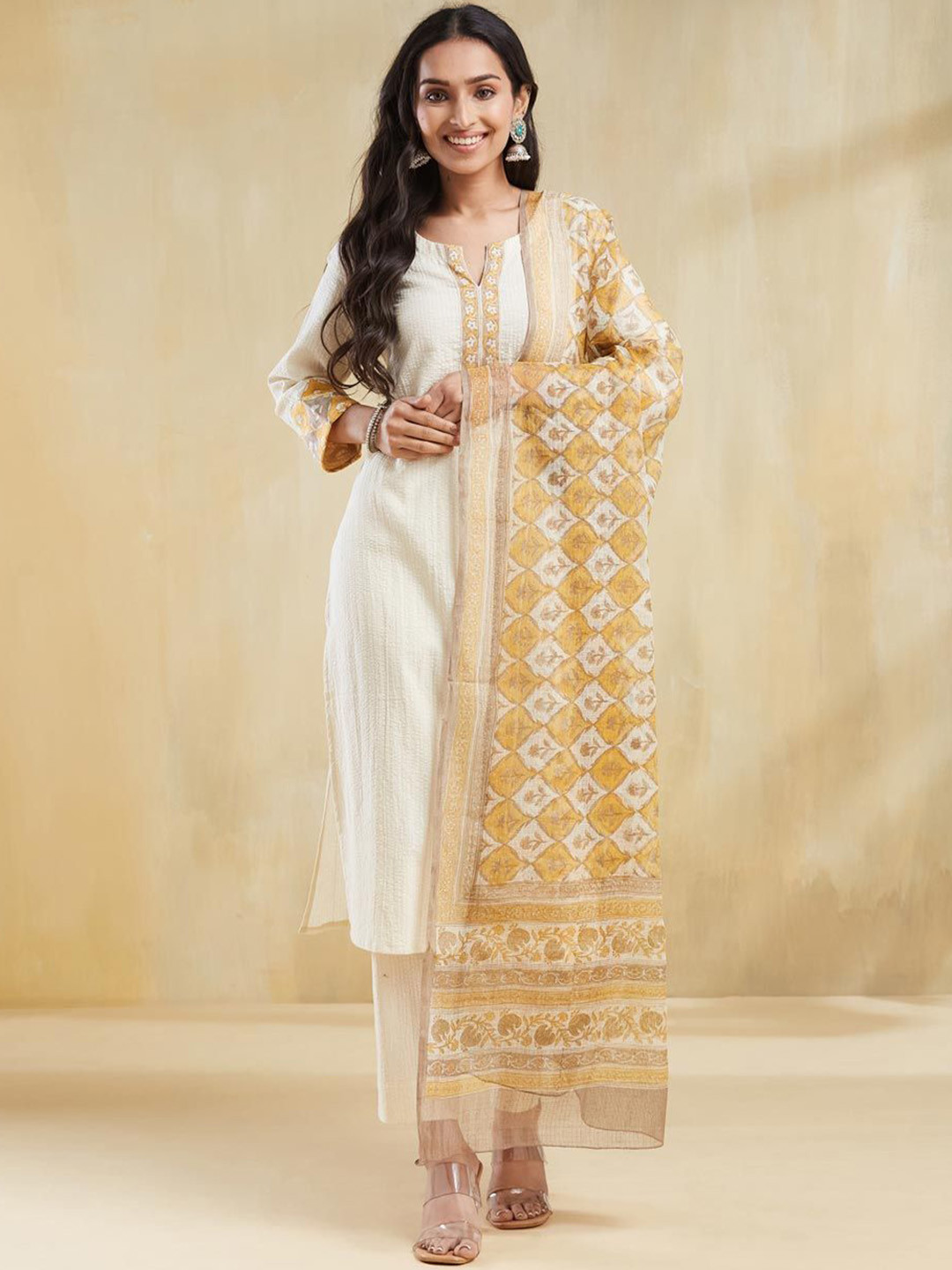 Fabindia Women Floral Printed Cotton Kurta with Trousers & Dupatta