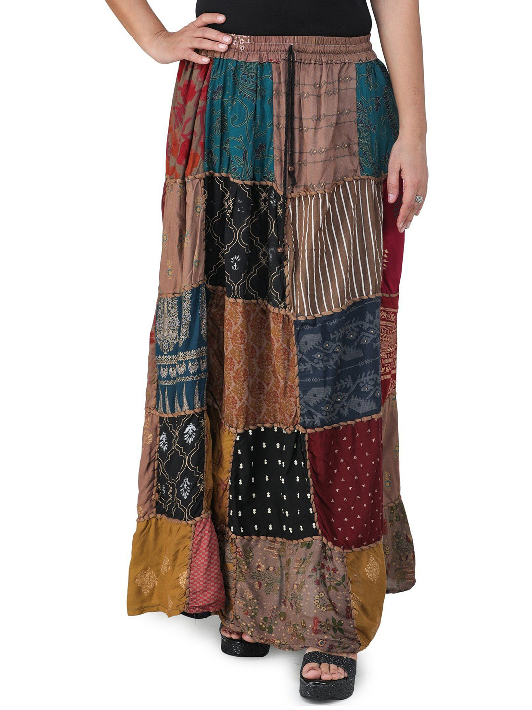Exotic India Long Printed Dori Skirt From Gujarat With Patch Work