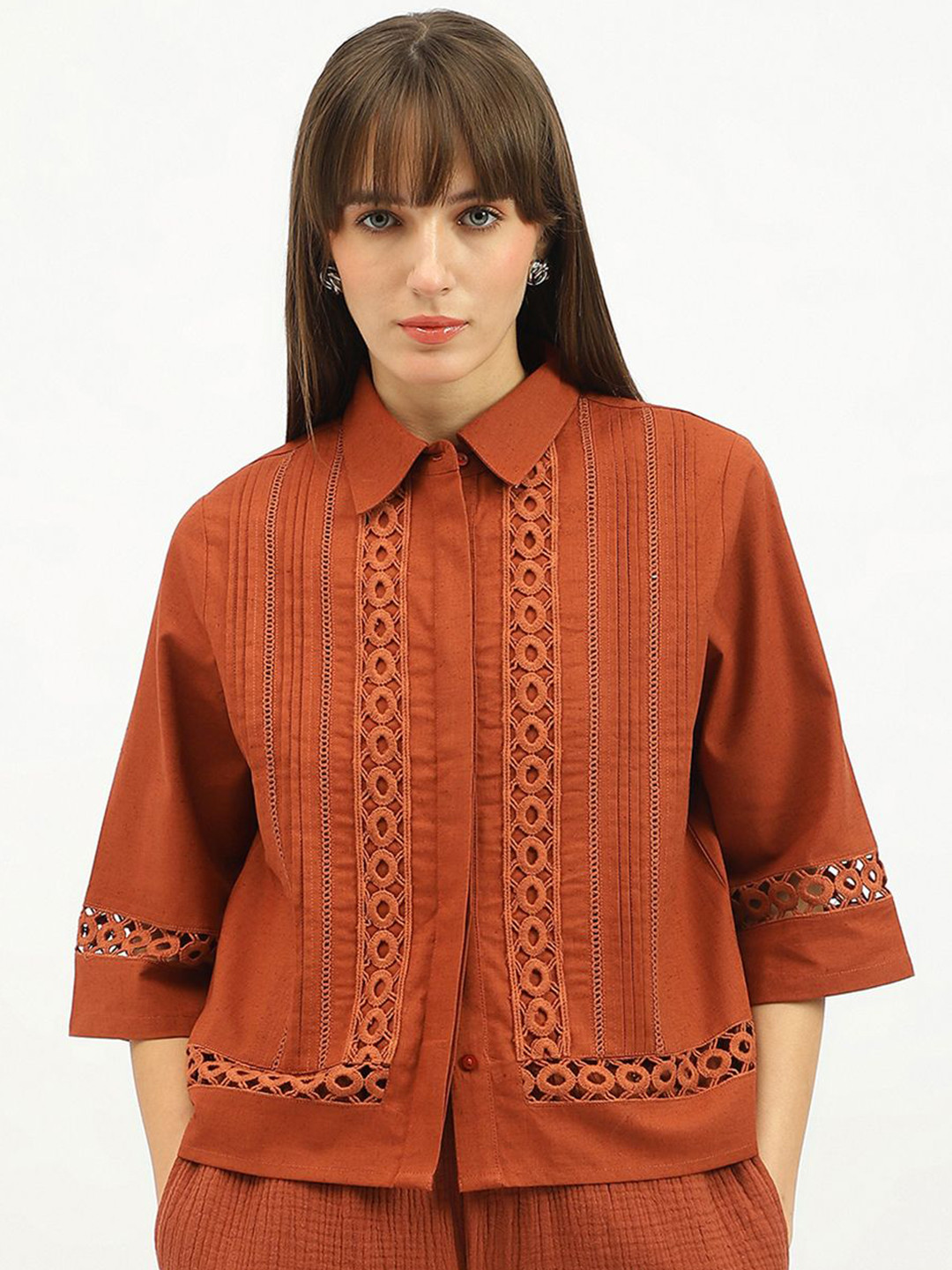 United Colors of Benetton Geometric Self Design Lace Inserts Cotton Linen Shirt