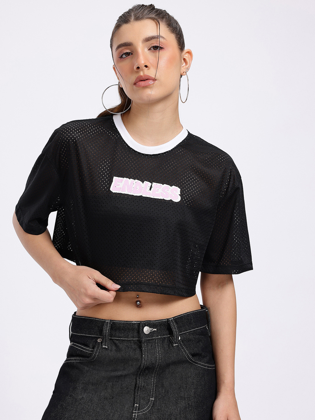 glitchez Printed Crop Boxy Perforated T-shirt