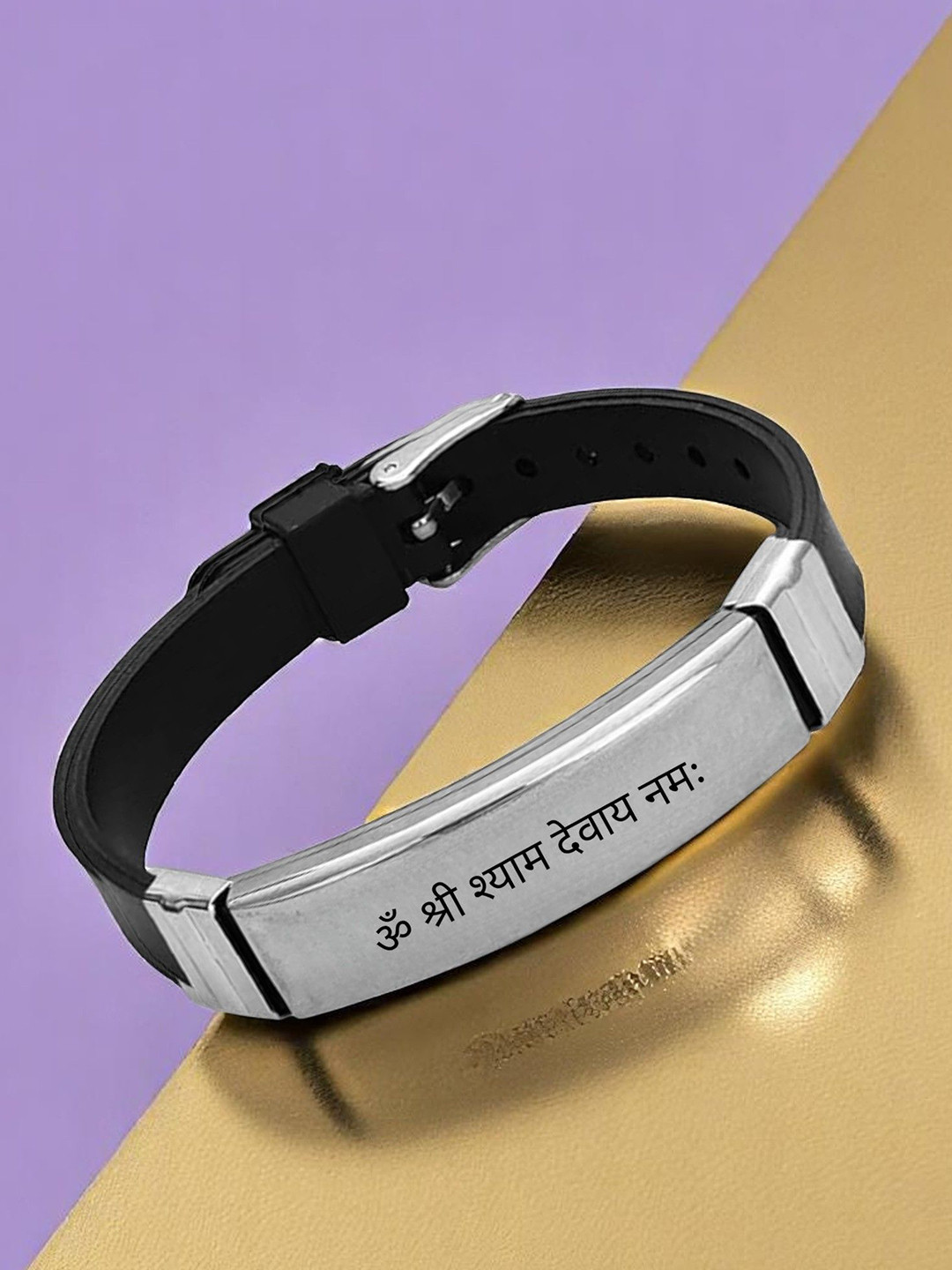 M Men Style Shree Shyam Devay Namah Printed Stainless Steel & Leather Wraparound Bracelet