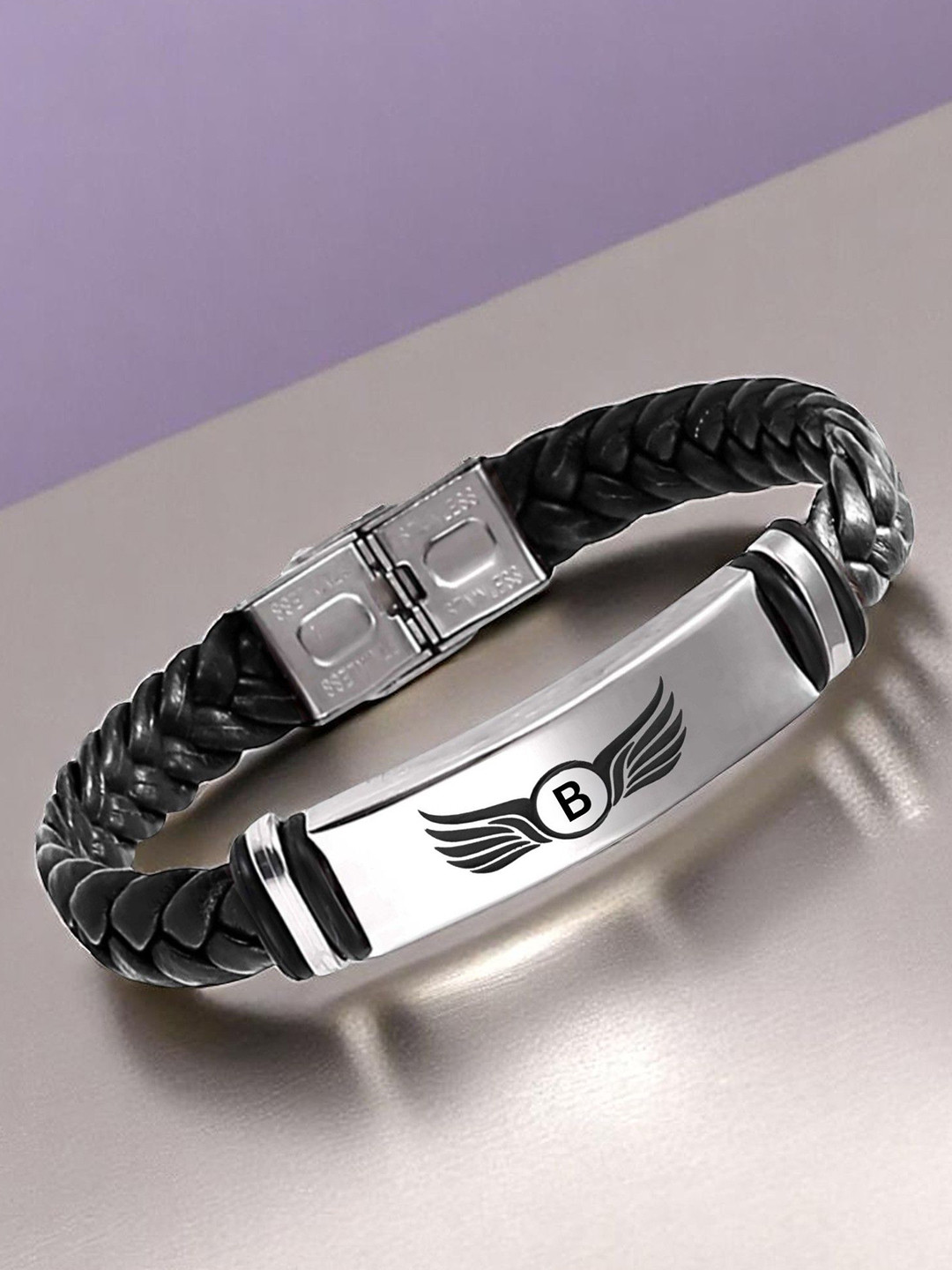 M Men Style B Letter Printed Stainless Steel & Braided Leather Wraparound Bracelet