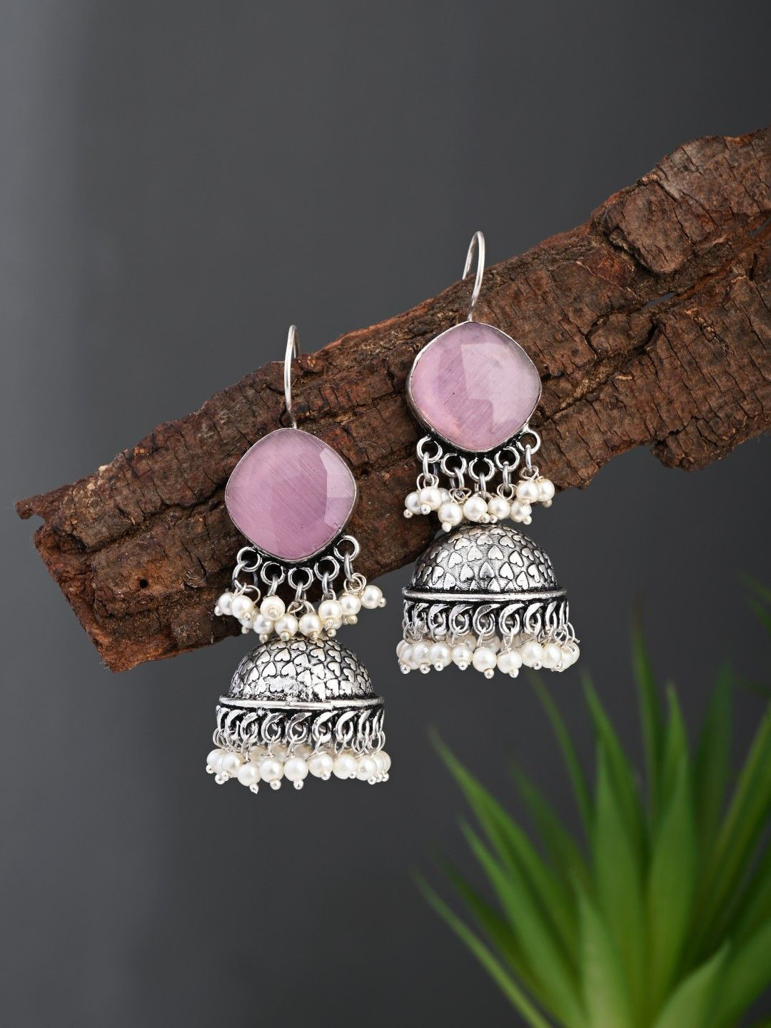 Anvik Silver-Plated Artificial Stones Studded & Beaded Dome Shaped Jhumkas