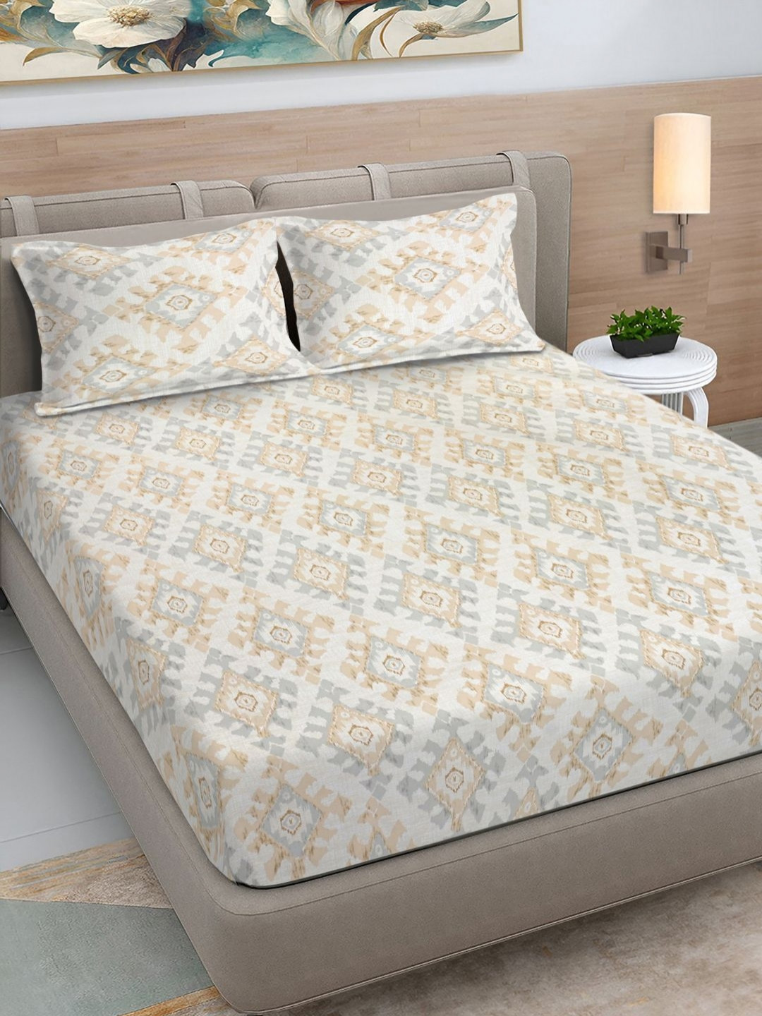 Myntra Elegant Homes Wildflower Weave Beige Ethnic Motifs Cotton 300 TC King Fine Bedsheet with 2 Pillow Covers-98 x 89 inches