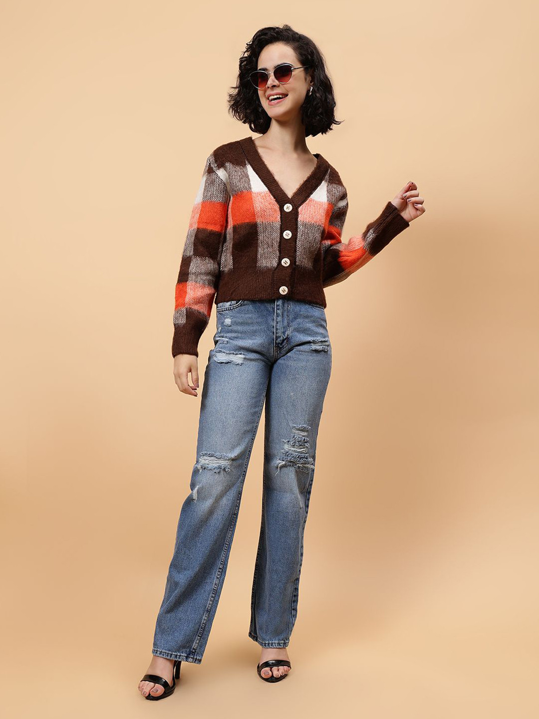 Fashion Gaiia Women Checkered V-Neck Woollen Cardigan