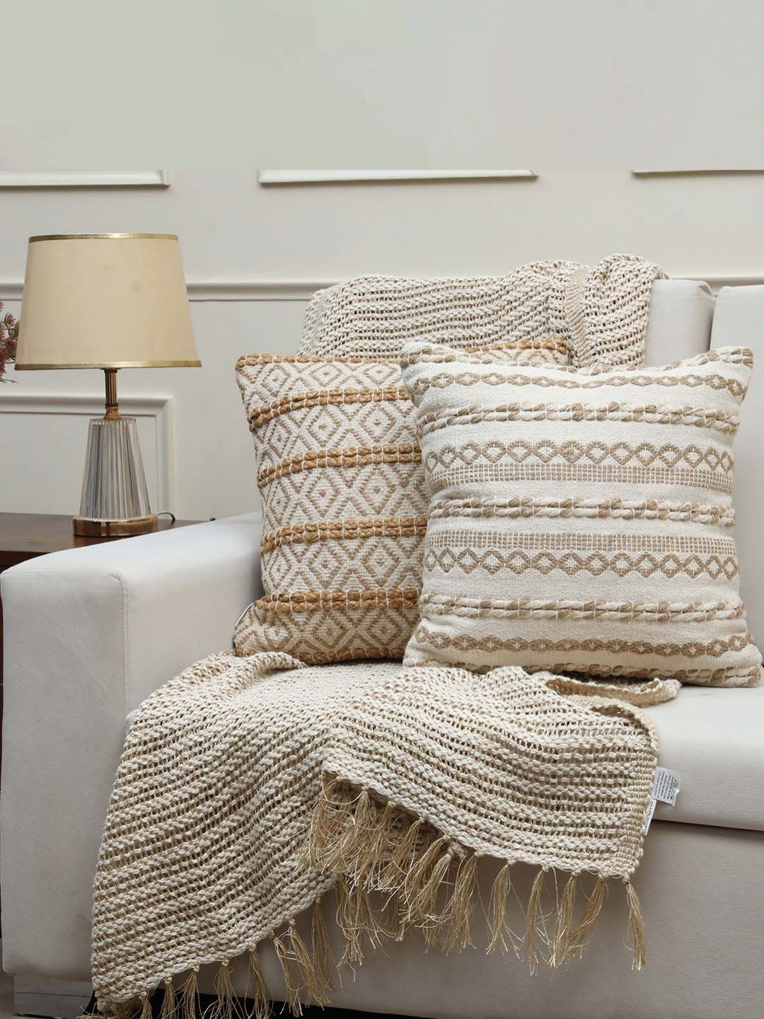 Weave Abode Beige & White Set of 2 Geometric Square Cushion Covers
