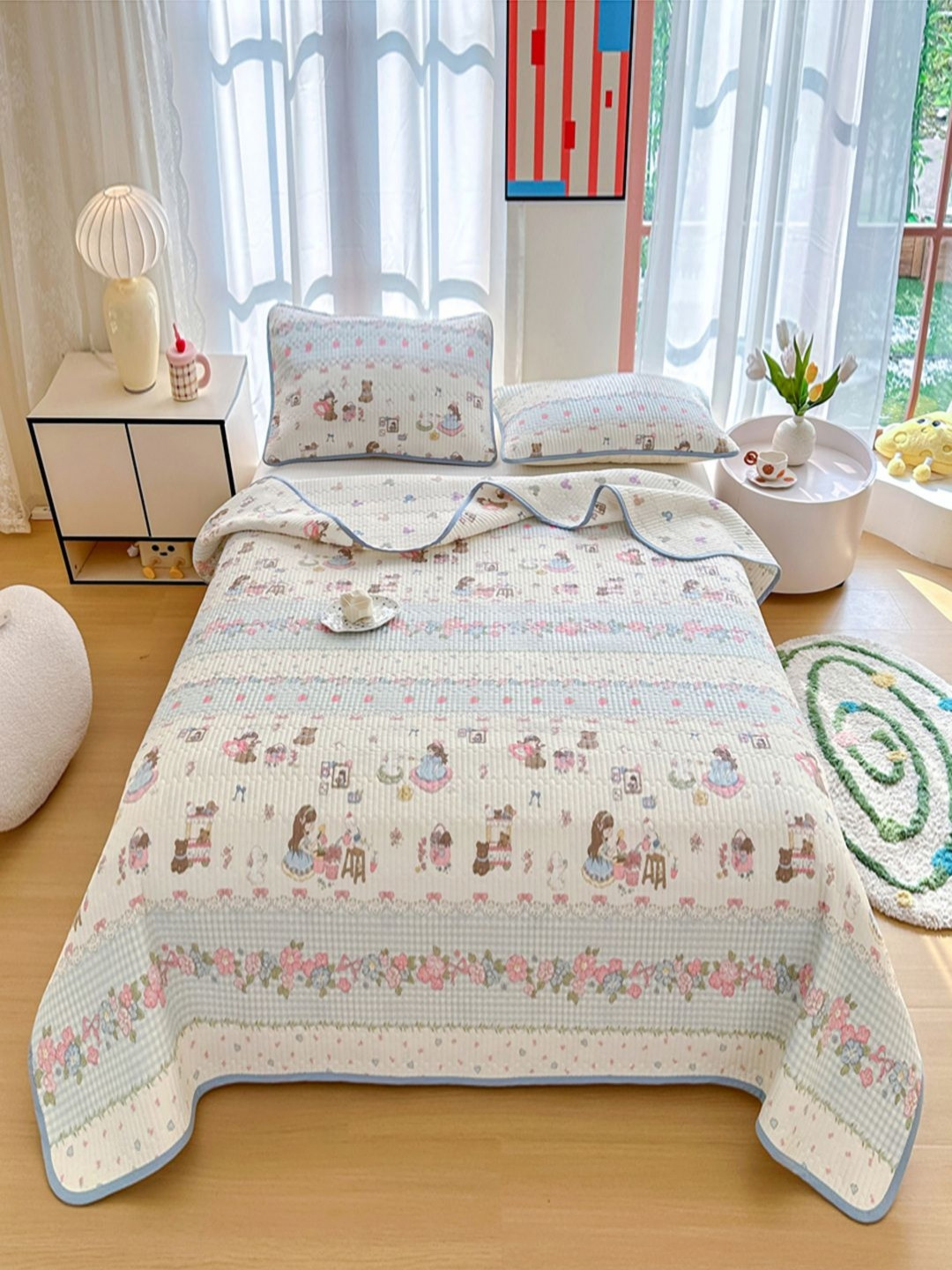 JC HOME White Cartoon Character Printed Pure Cotton Double Queen Bedsheet Set-1.8 m x 2 m