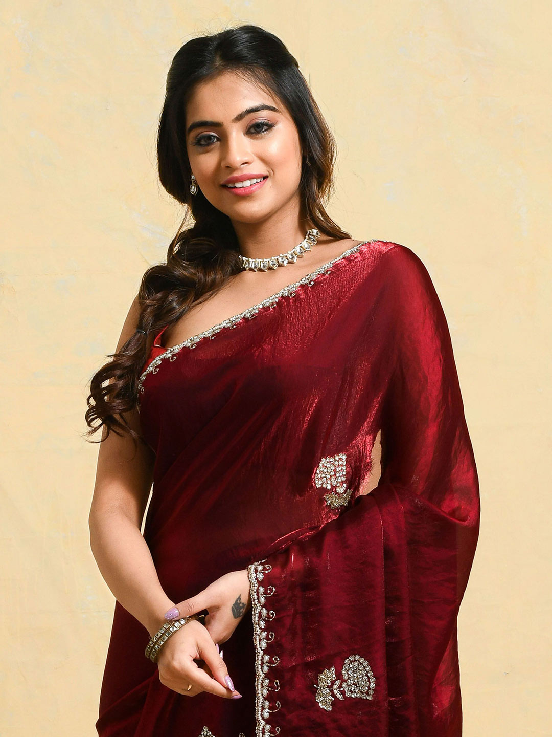 Rupeshwari Embellished Beads and Stones Satin Saree