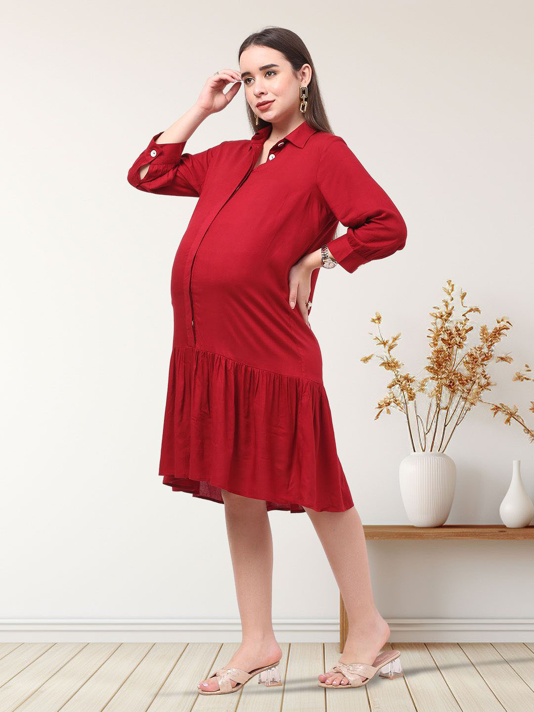 LA FURBO Women Shirt Collar Cuffed Sleeves Maternity Shirt Dress