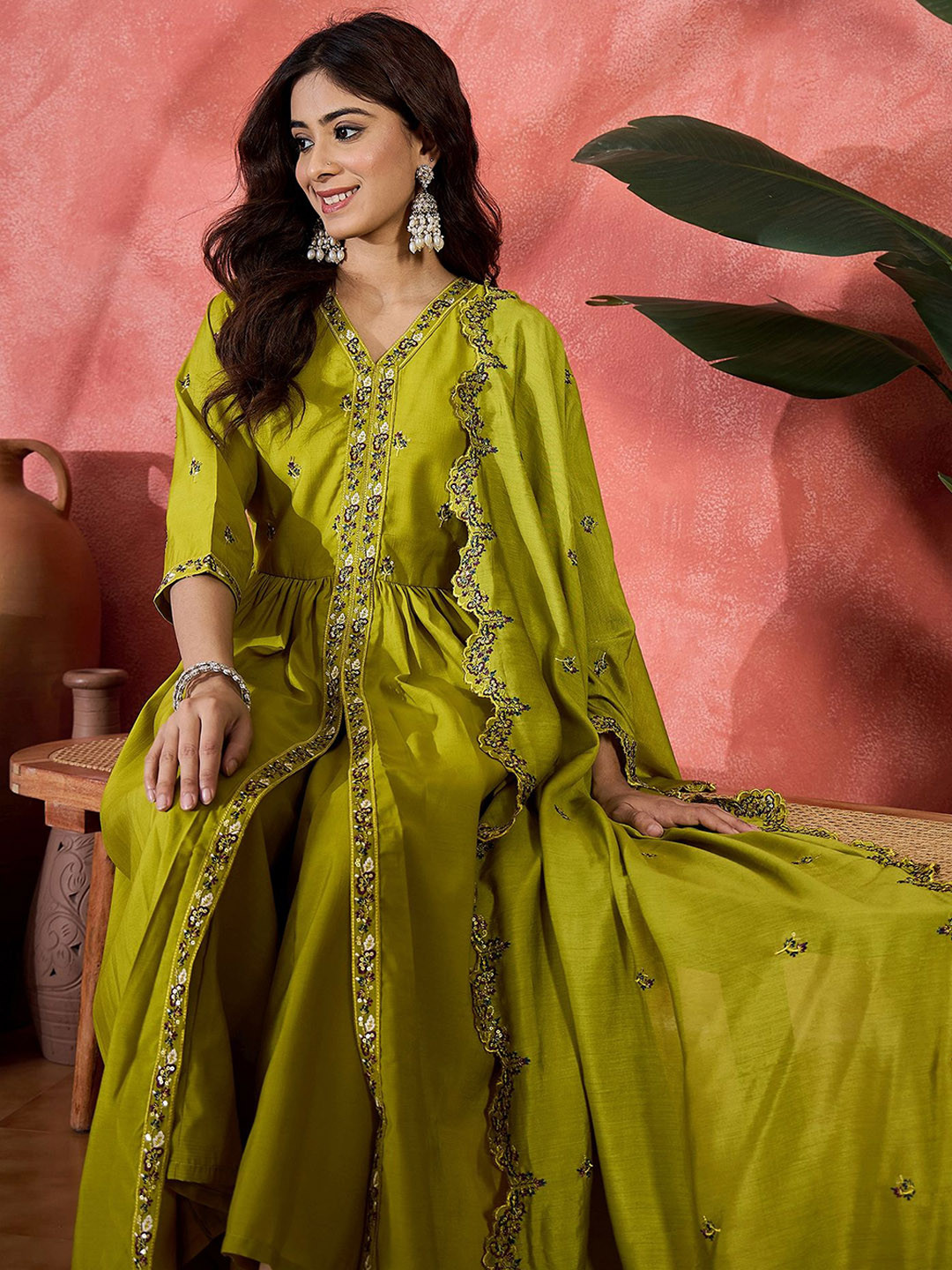 Sangria Women Sequin Embroidered Anarkali Kurta & Palazzo With Dupatta