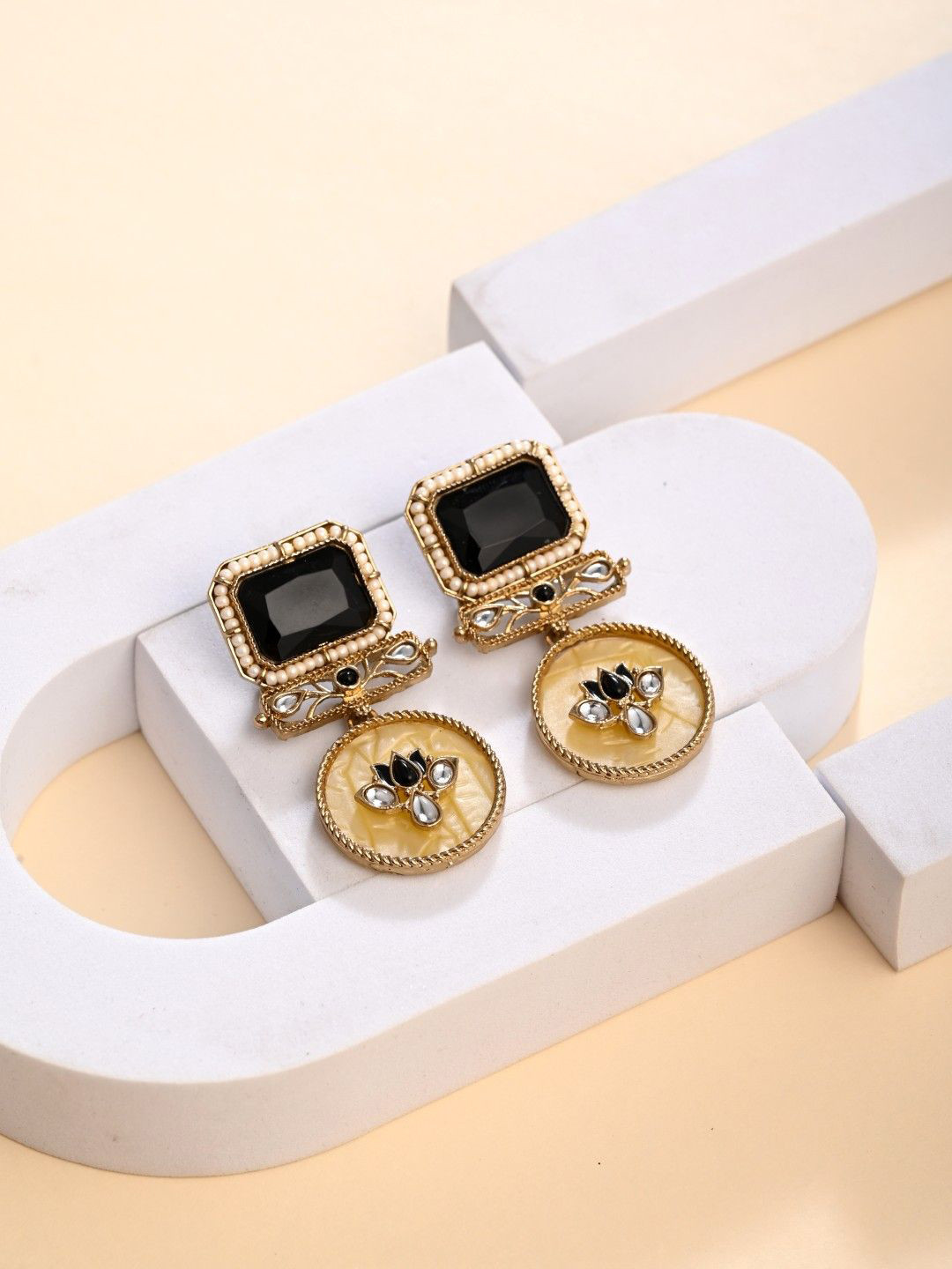 Anvik Gold-Plated Artificial Stones Studded Geometric Drop Earrings With MOP Filigree
