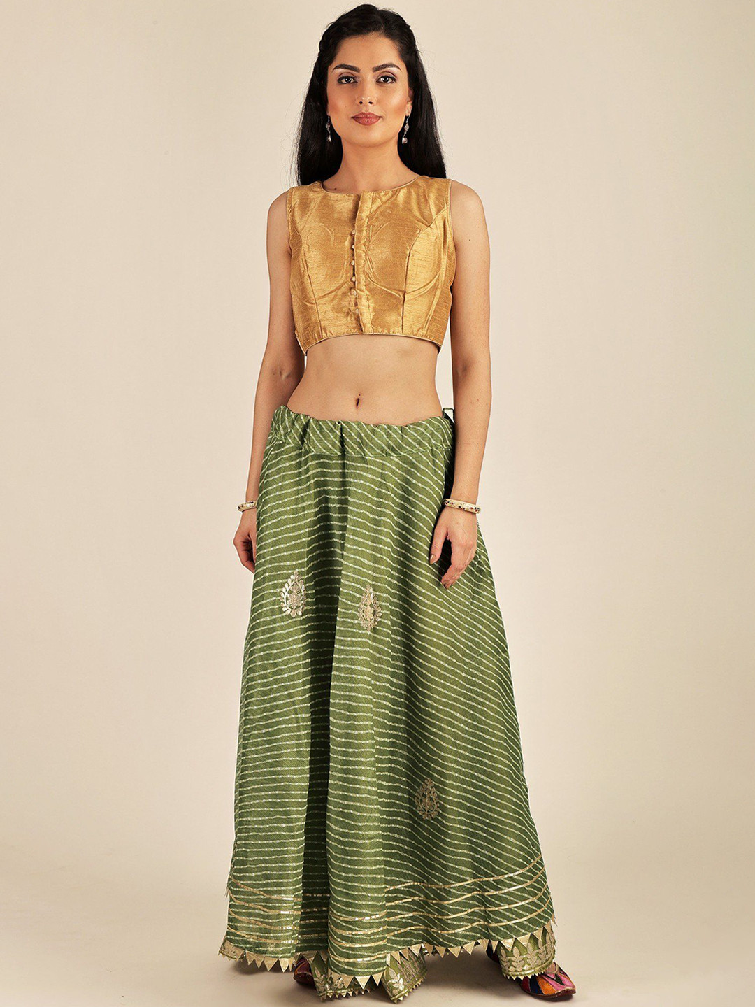 Exotic India Cotton Kota Doriya Leheriya Print Flared Maxi Skirt