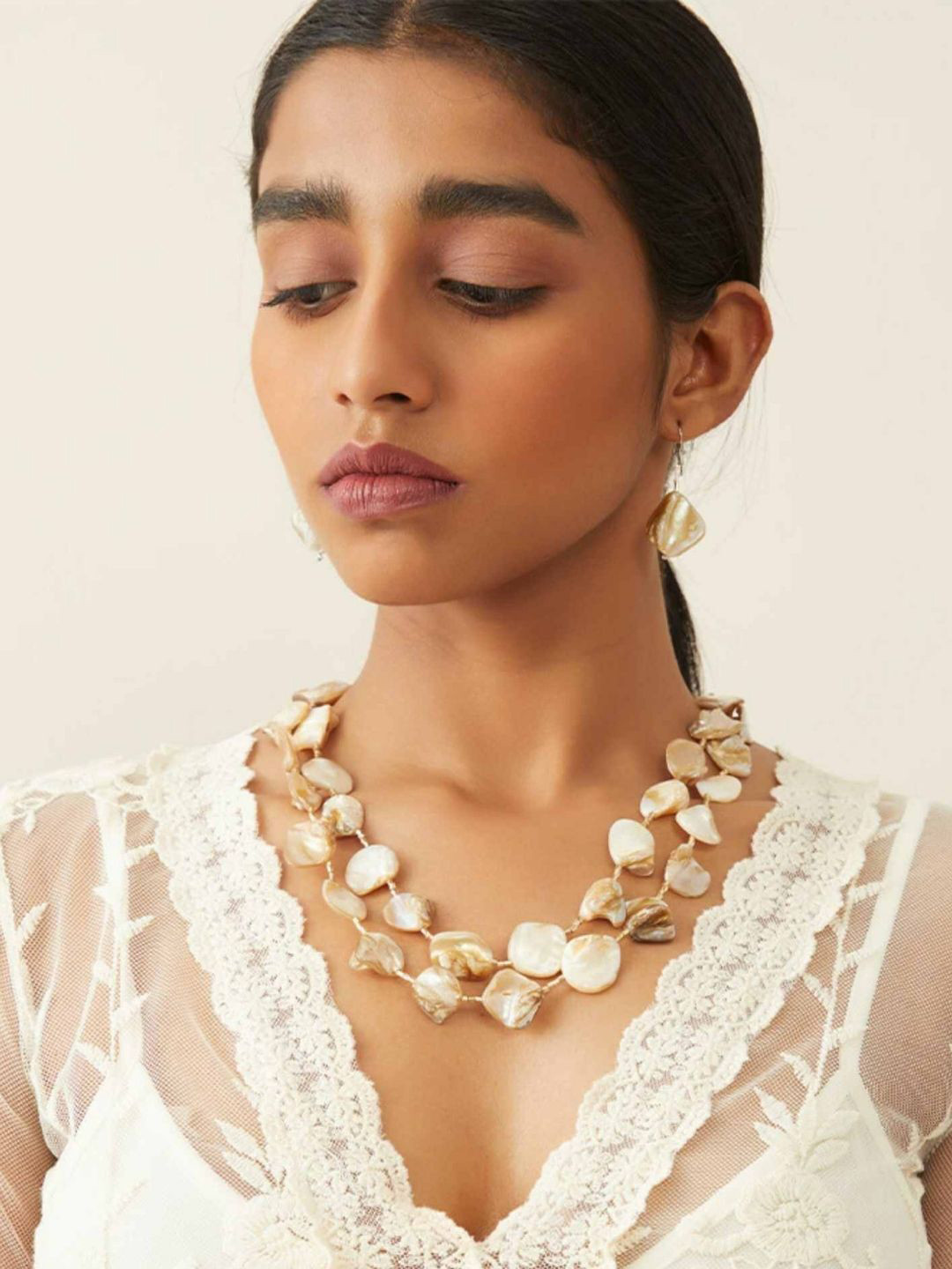 WHE Sea Secrets Pebble Mother Of Pearls Studded Contemporary Drop Earrings