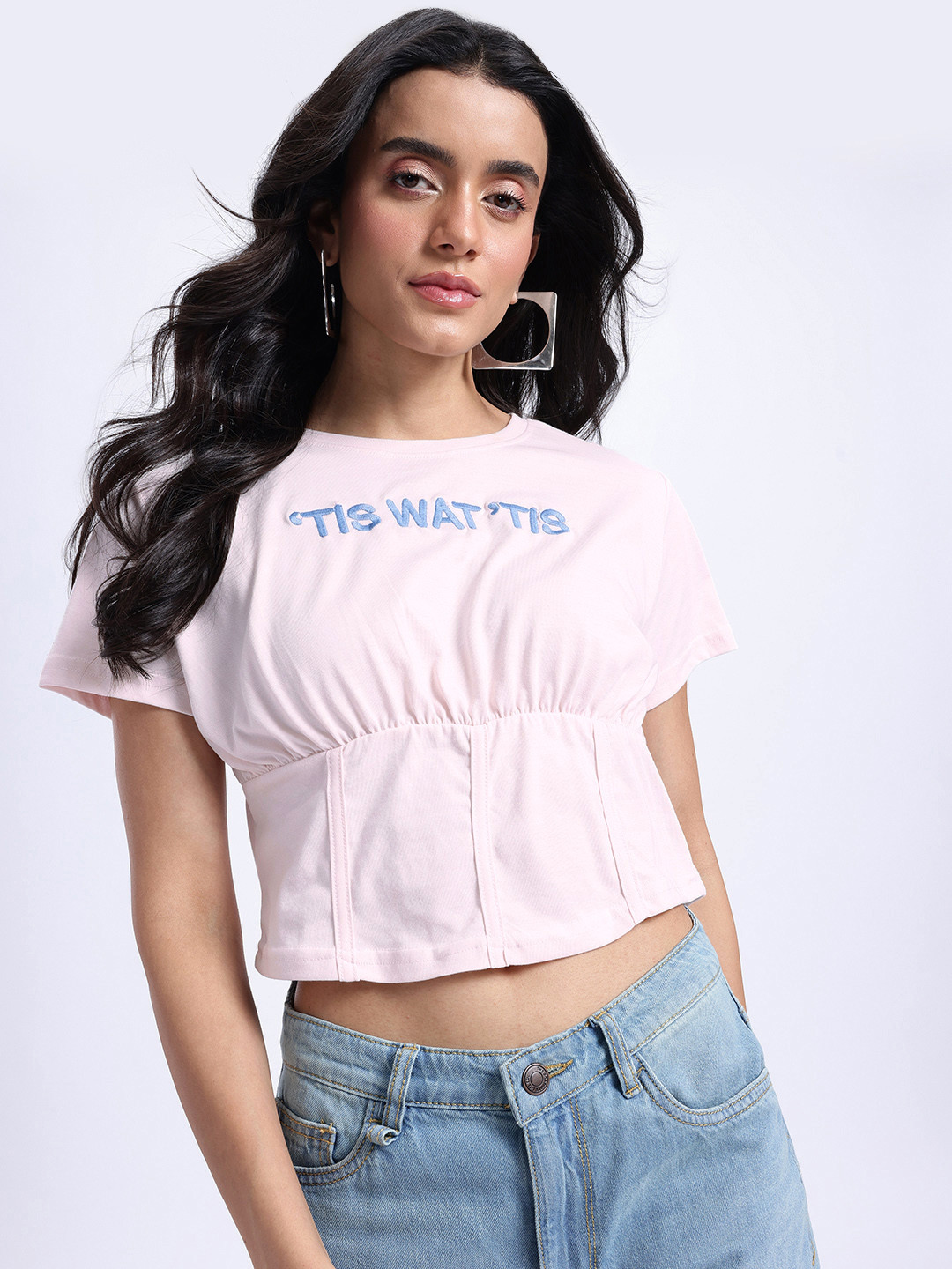 glitchez Textual Vibes Embroidered Panelled Corset Crop Top