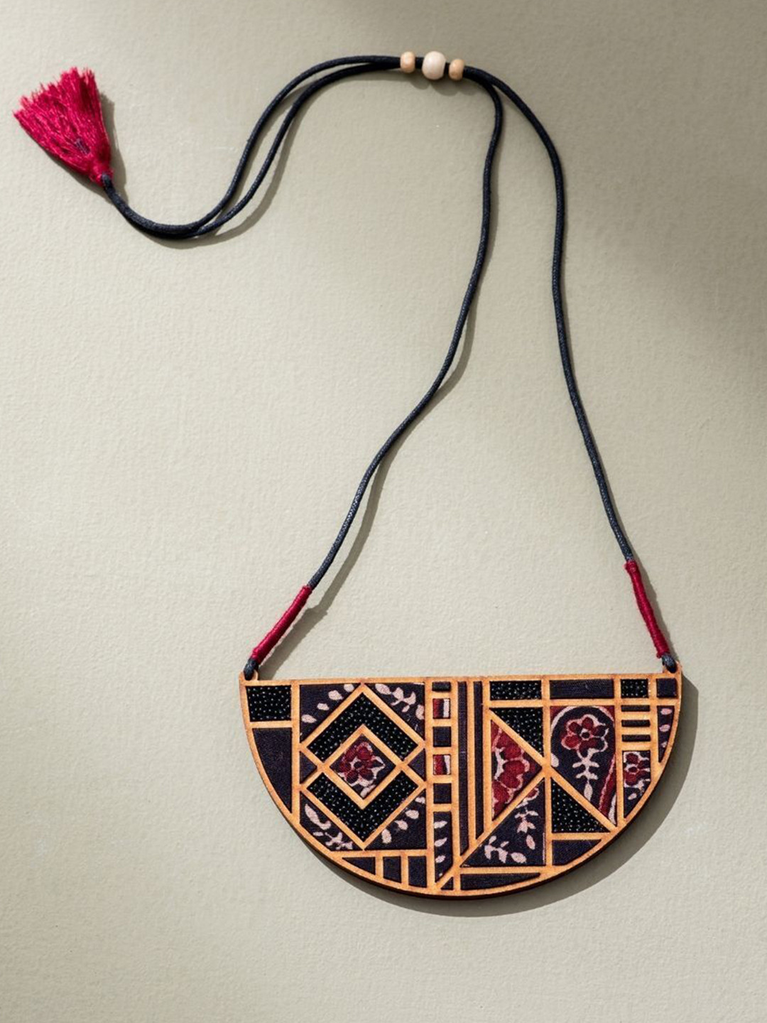 WHE Upcycled Ajrakh Fabric & Wooden Maze Necklace