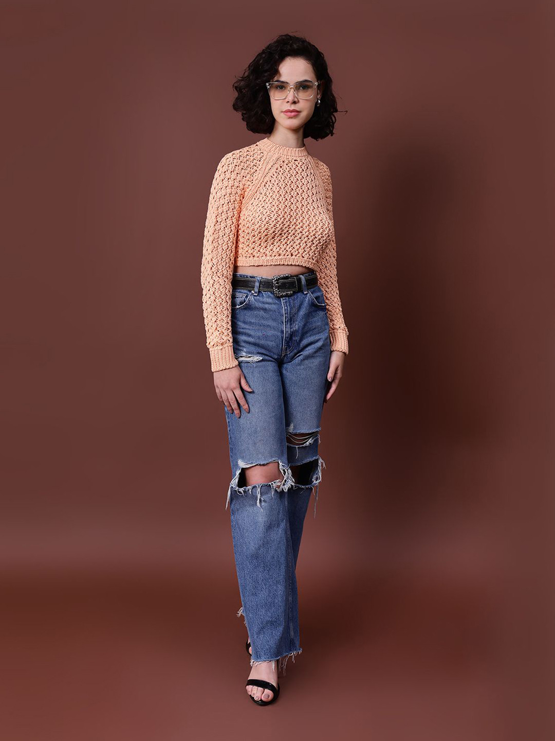 Fashion Gaiia Women Solid Self Design Knit Sweater With Open Back Crop Top