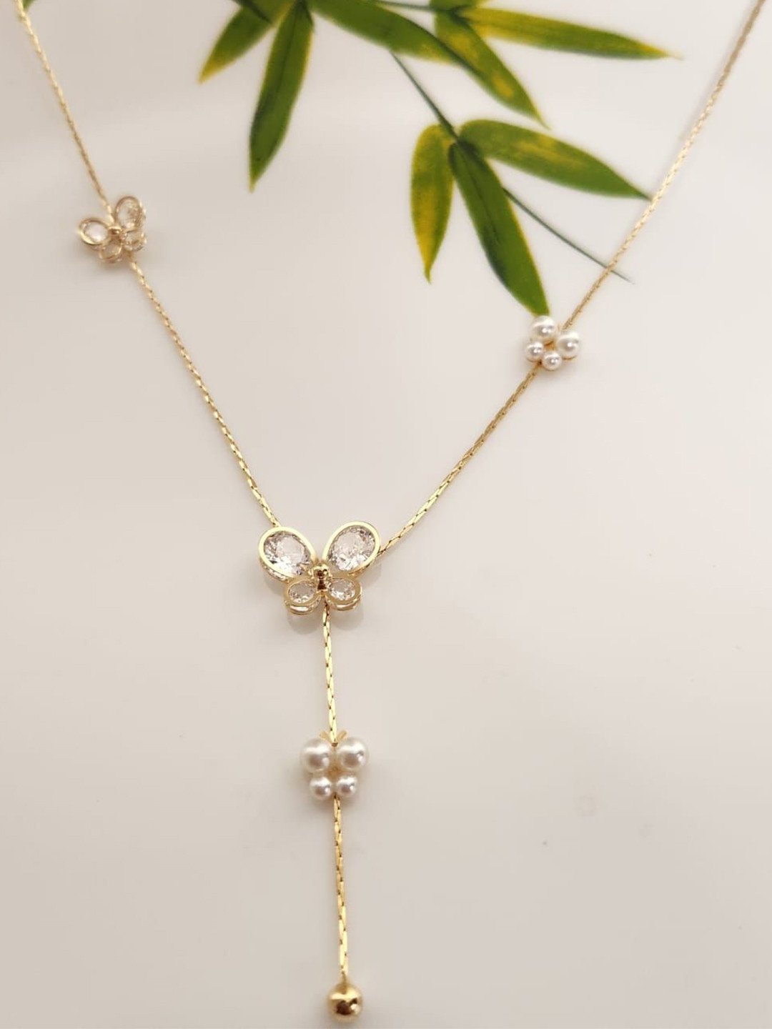 Piu Jewels Gold-Plated Stainless Steel Artificial Stones and Beads Chain