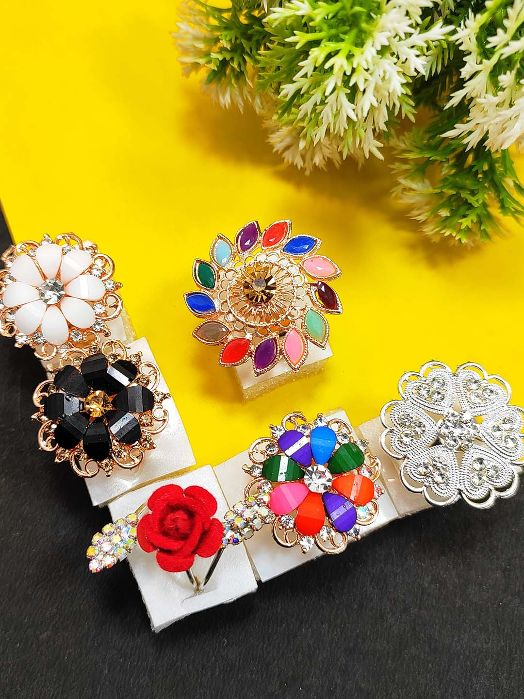 DIVYANSHI COLLECTION Set Of 6 Gold & Silver Plated Brass Multicolour AD Studded Rings