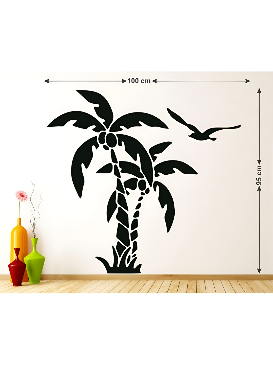 LANSTICK Black Printed Coconut Tree With Birds Wall Sticker