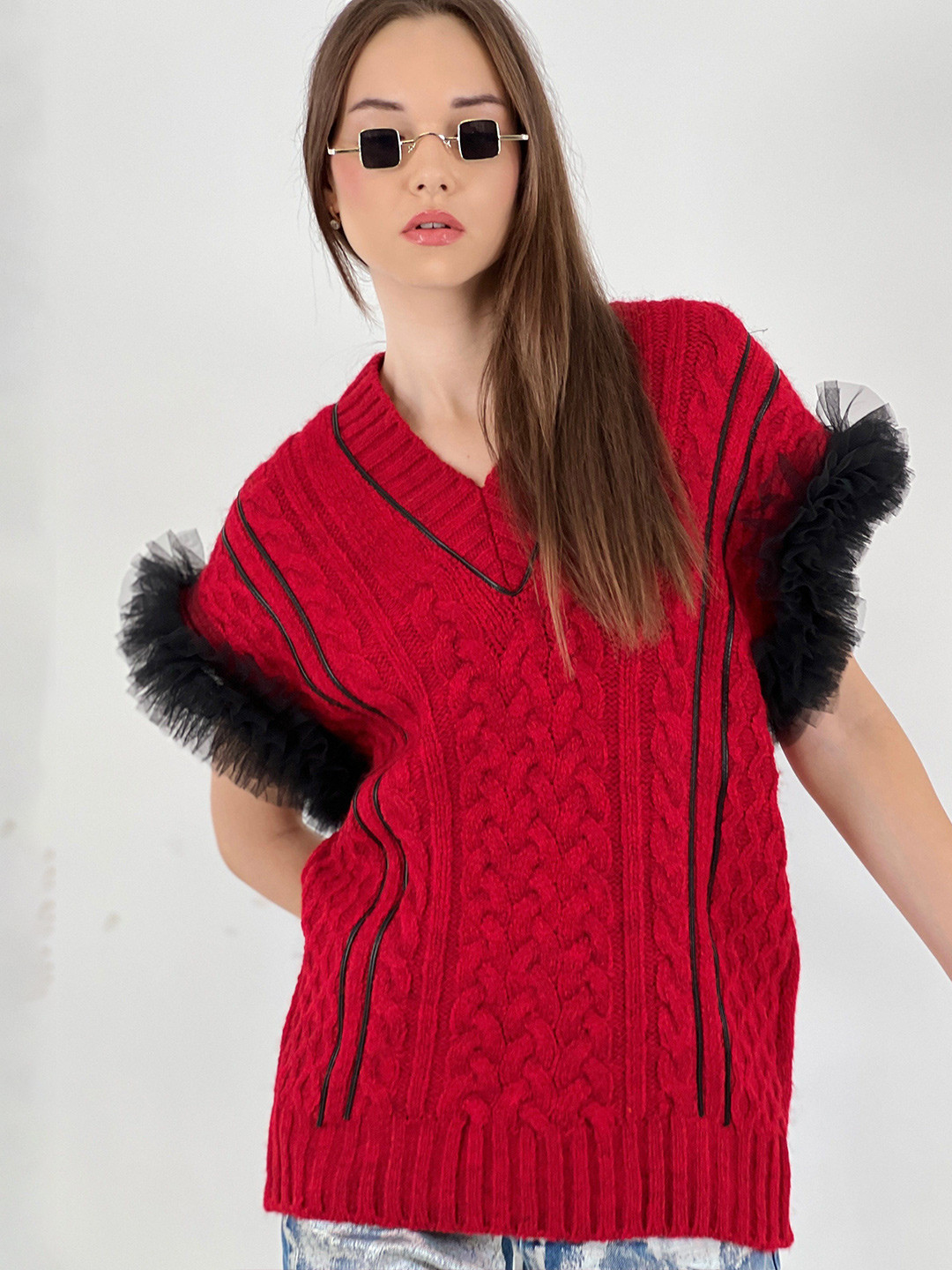 Fashion Gaiia Women Woollen Sweater Vest With Tulle Sleeves