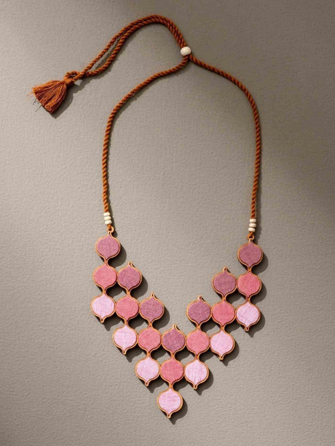 WHE Brass Repurposed Fabric And Wood Statement Necklace with Adjustable Necklace