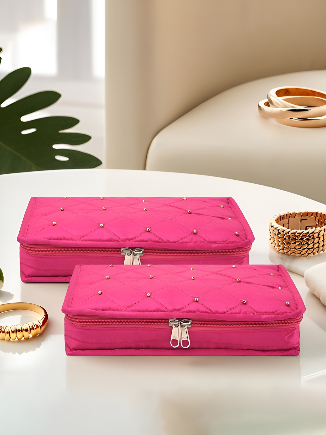 Aura Set of 2 Pink Satin Large Jewellery Kit with 6 Pouche Jewellery Organiser