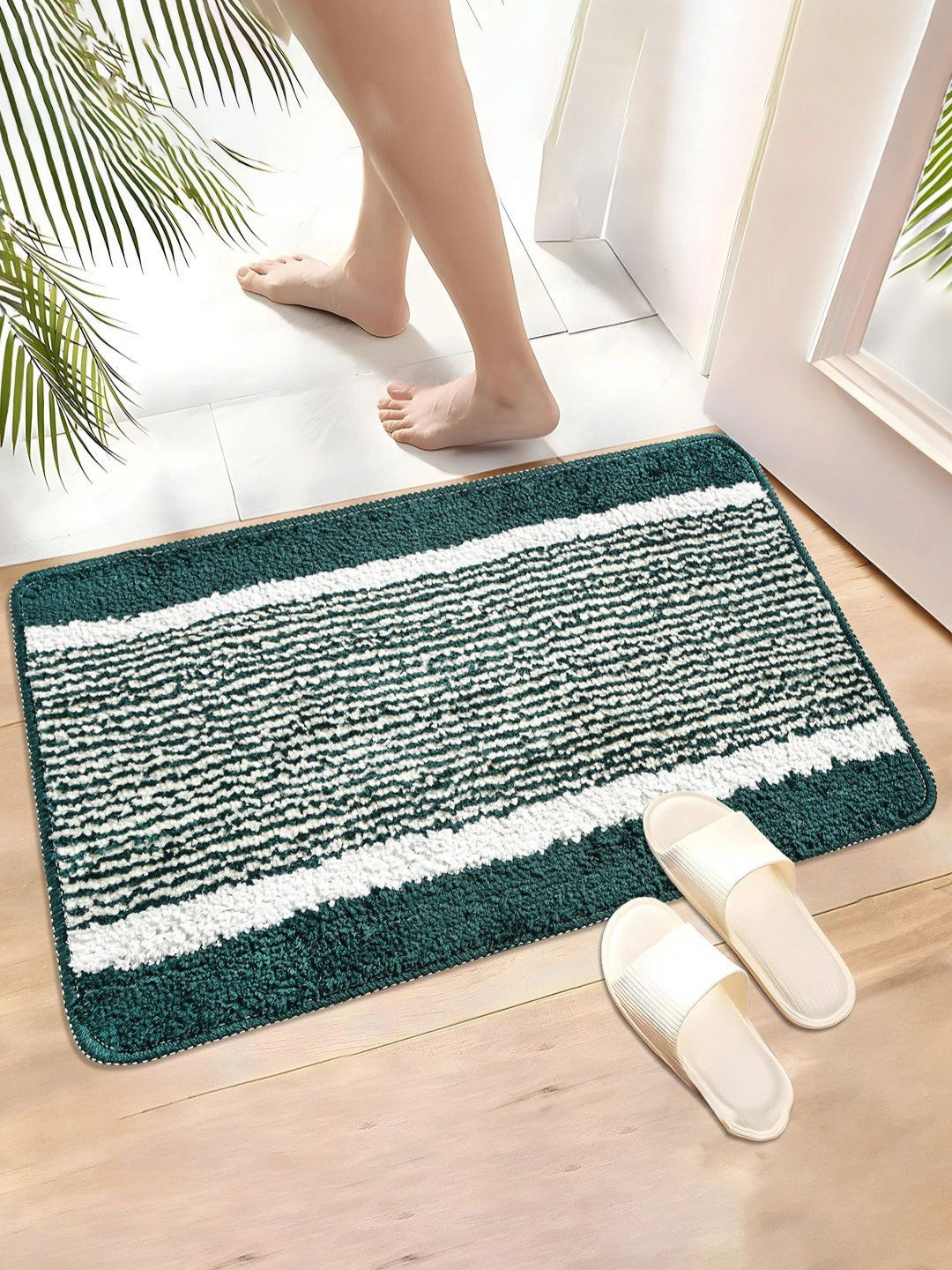 Aura Green & White Self Design Doormats Kitchen Mat Floor Anti Slip Door Mat