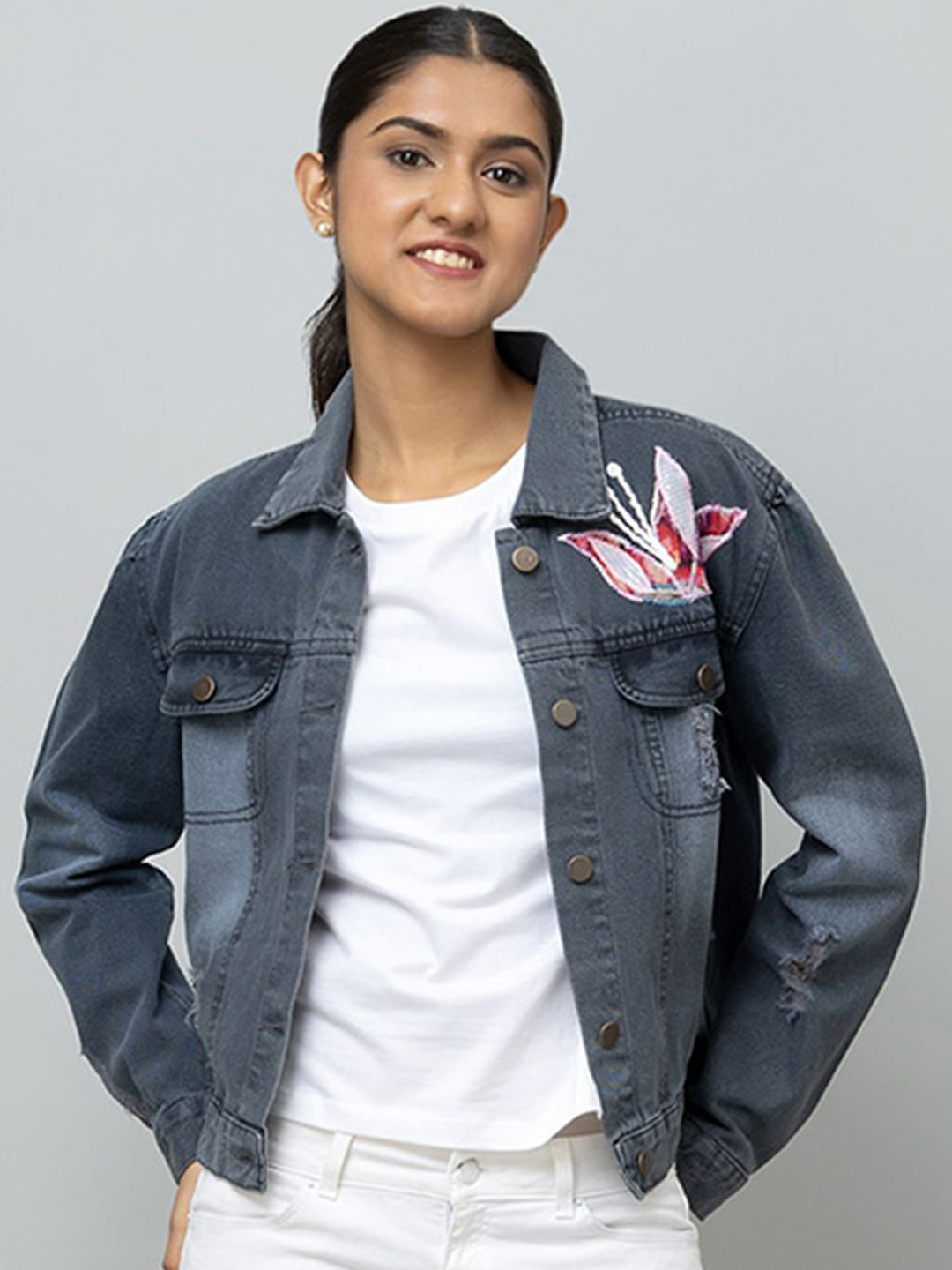 Rhe-Ana Women Smoke Lightweight Embroidered Denim Jacket