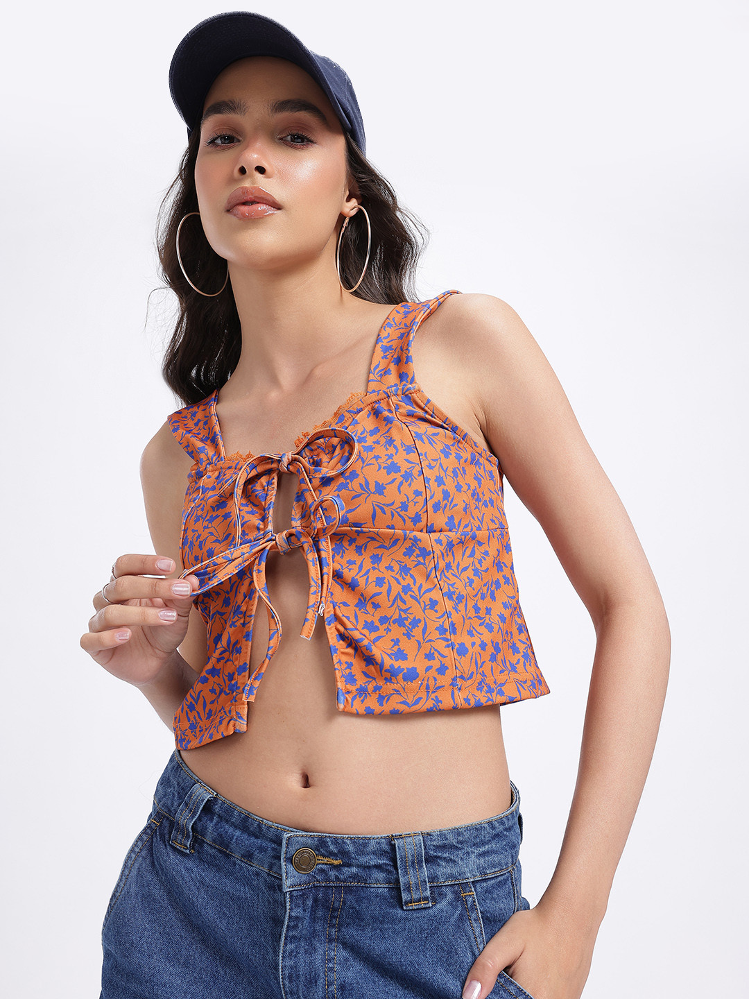 glitchez Floral Twist Front Tie-Up Crop Top