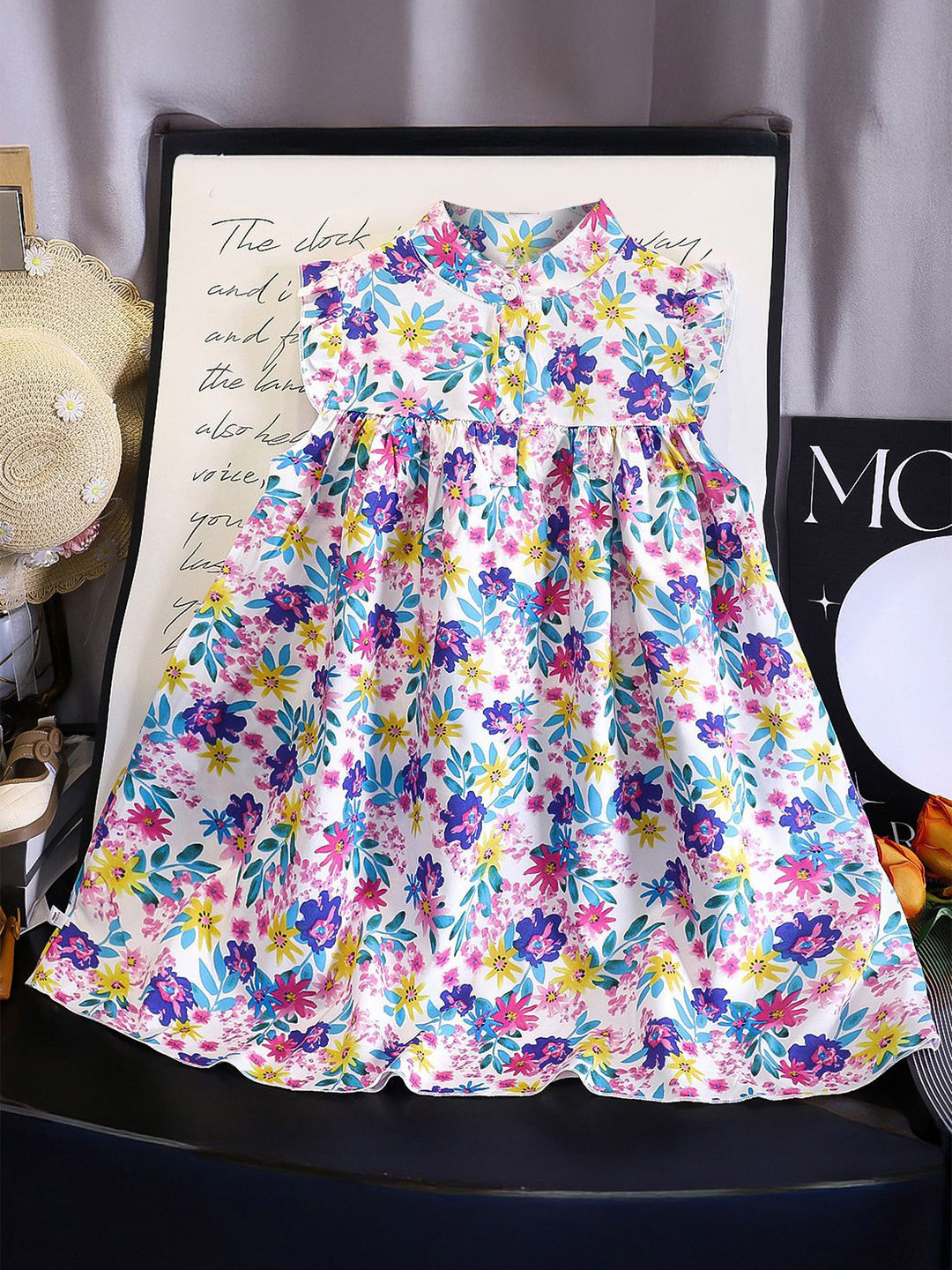 FOREVER FRIDAY Girls Floral Printed Flutter Sleeve A-Line Knee Length Dress