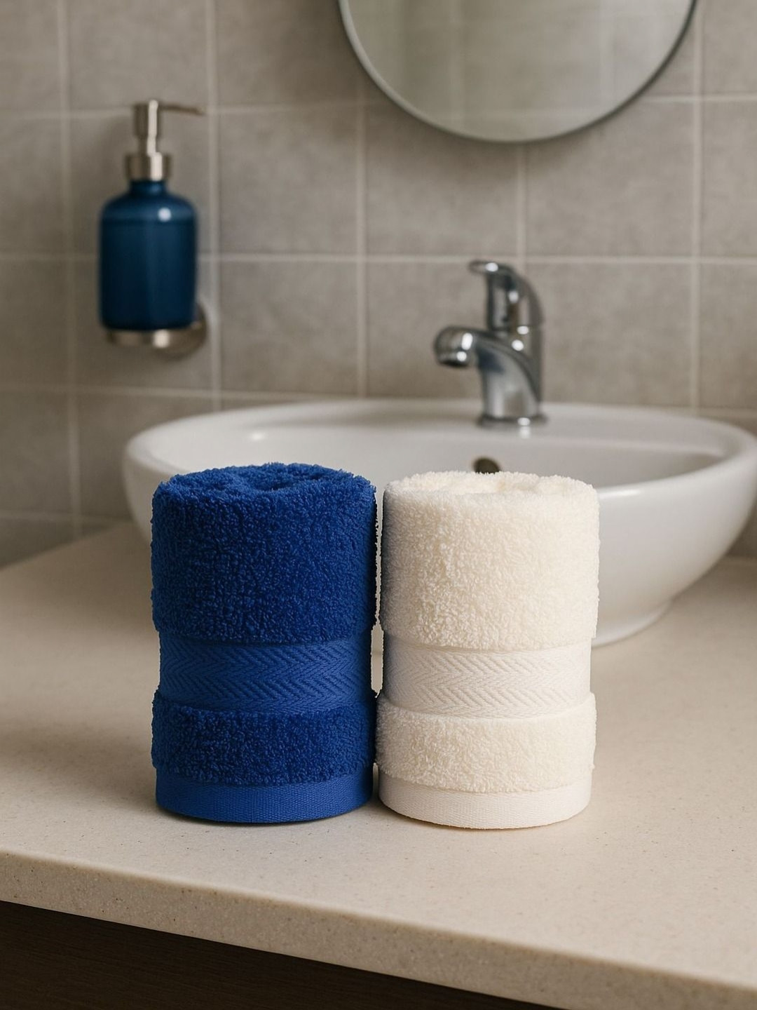 GAB Blue & Off White   2 Pieces 500 GSM Pure Cotton 500 GSM Hand Towels