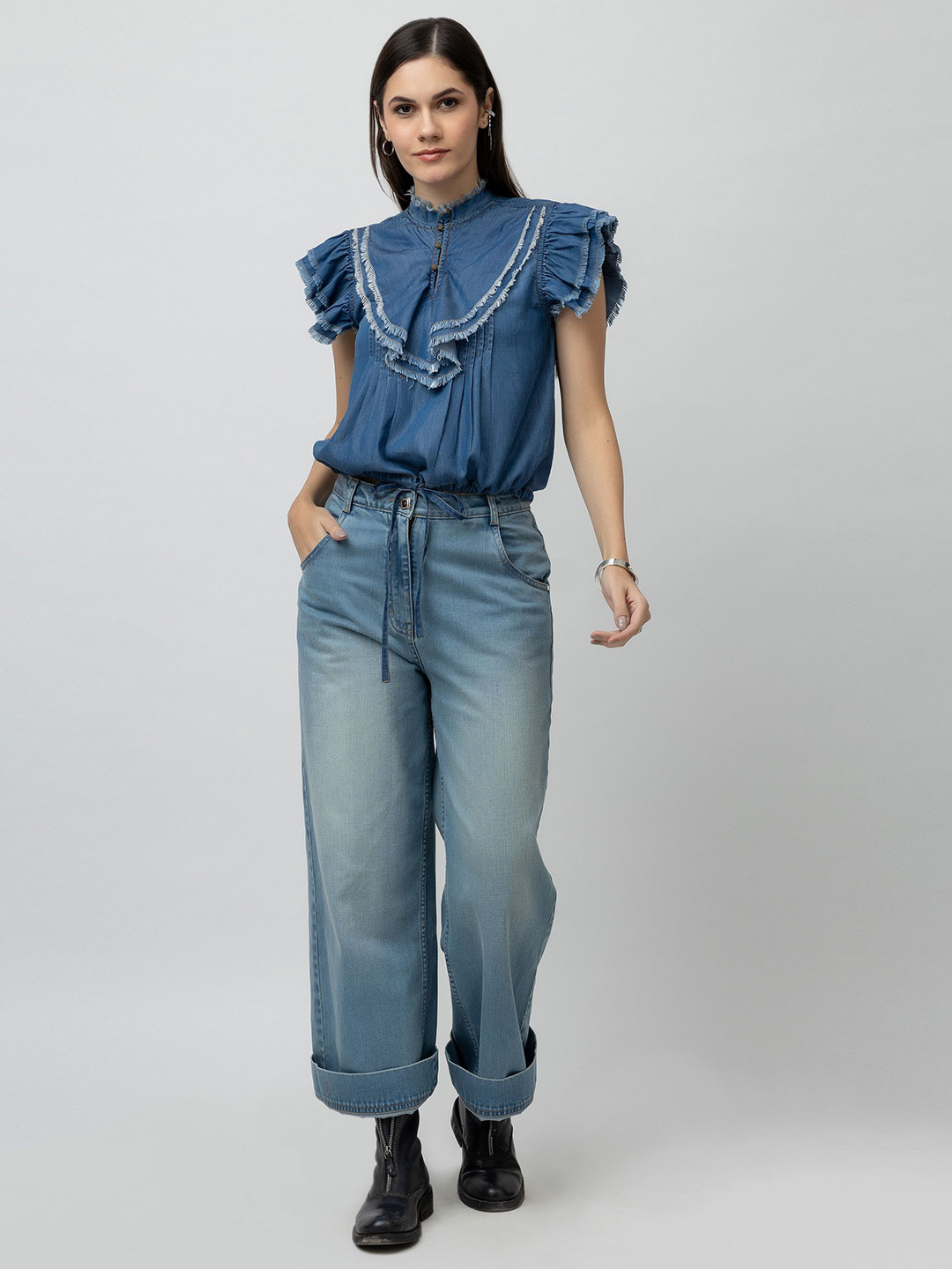7OUNCE Women Solid Ruffled High Neck Denim Top