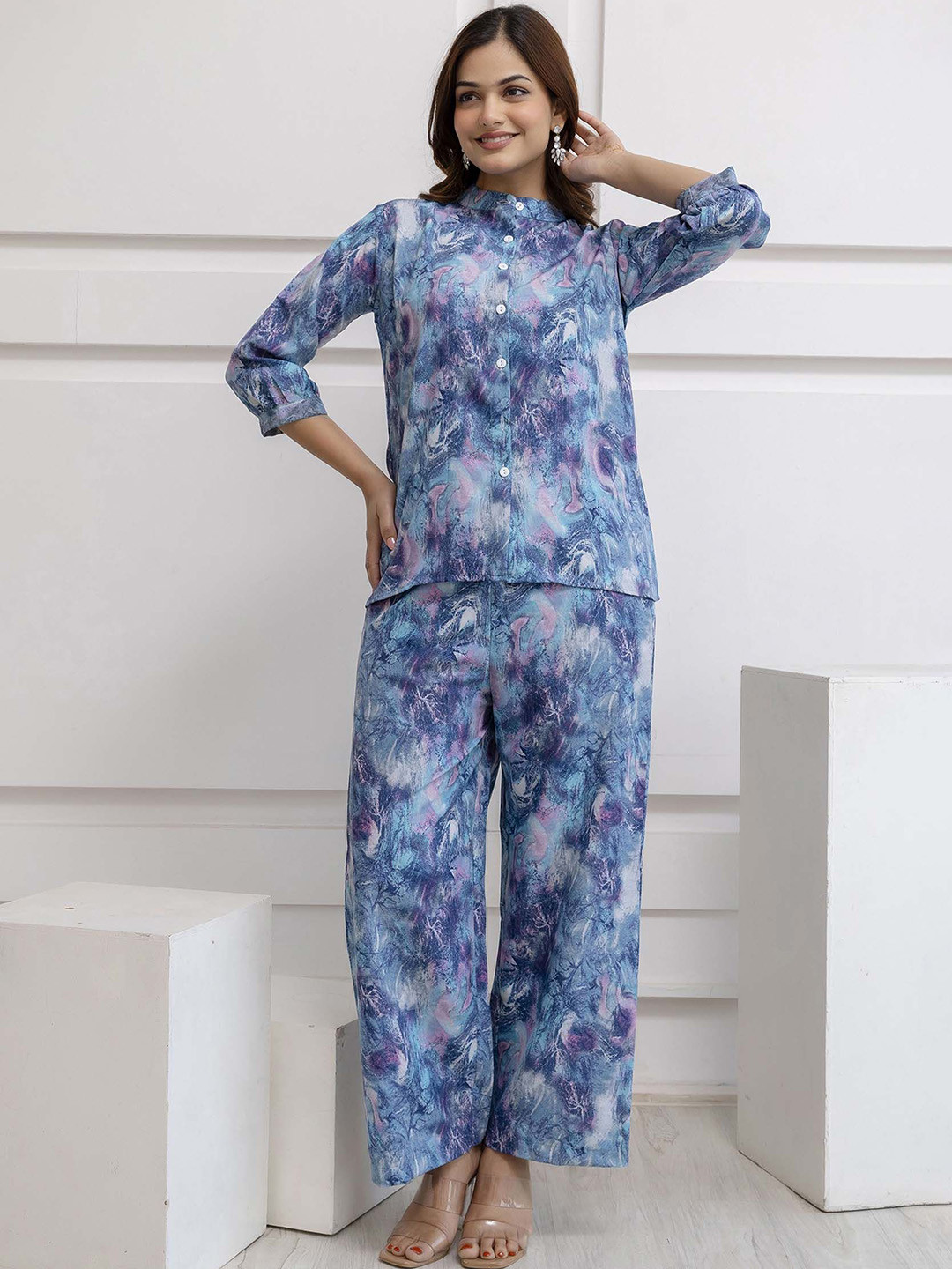 Moda Rapido Printed Mandarin-Collared Shirt With Trouser Co-Ords