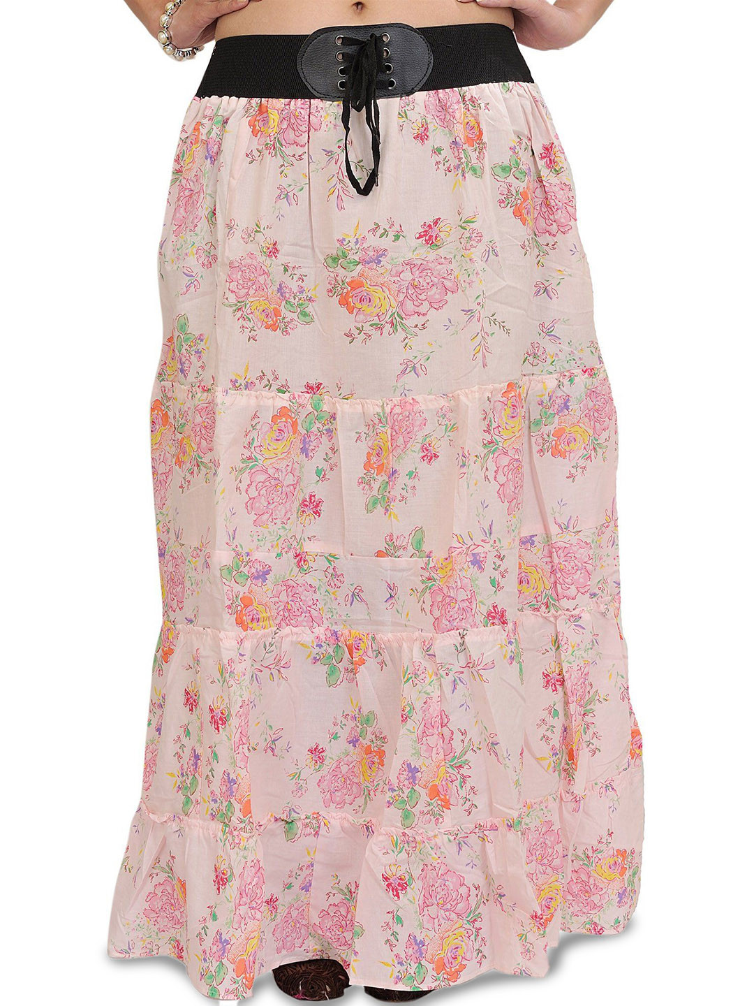 Exotic India Long Skirt With Printed Roses & Elastic Waist