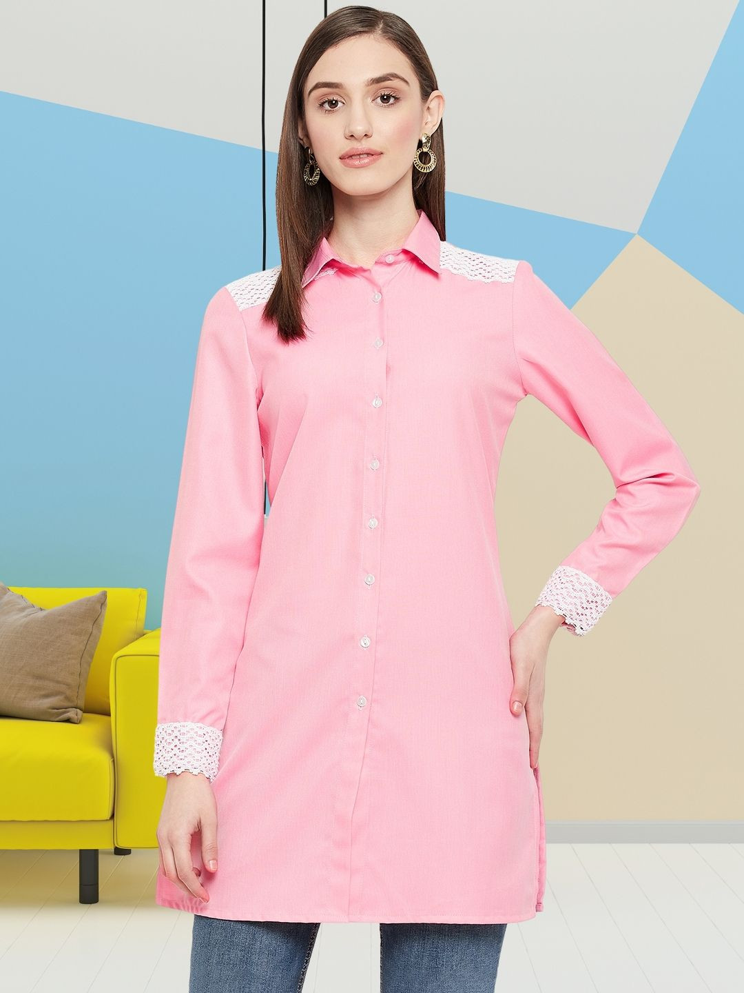 DressBerry Classic Slim Collar Lace Worked Longline Casual Shirt